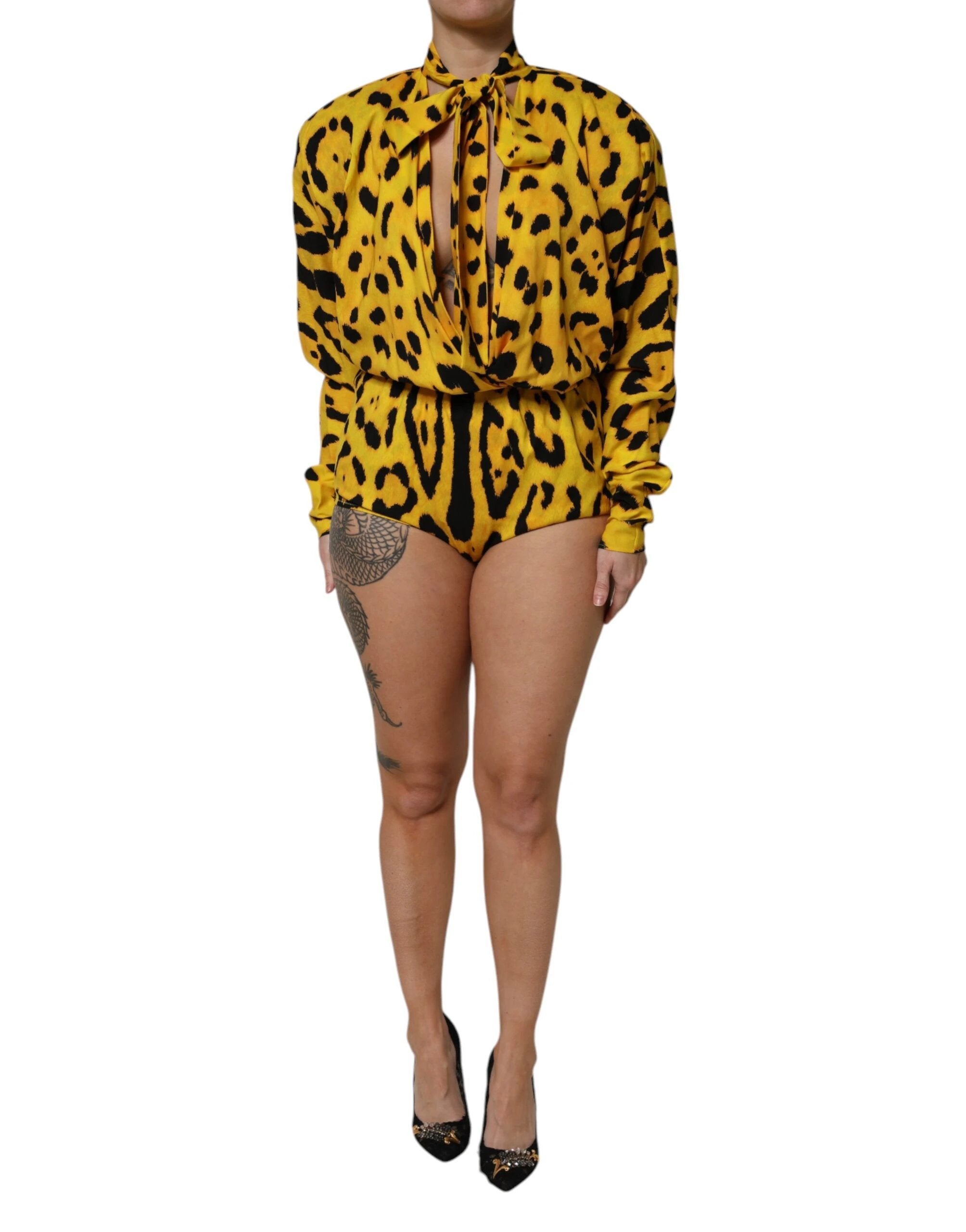 Dolce & Gabbana Yellow Leopard Long Sleeves Jumpsuit Dress by Dolce & Gabbana