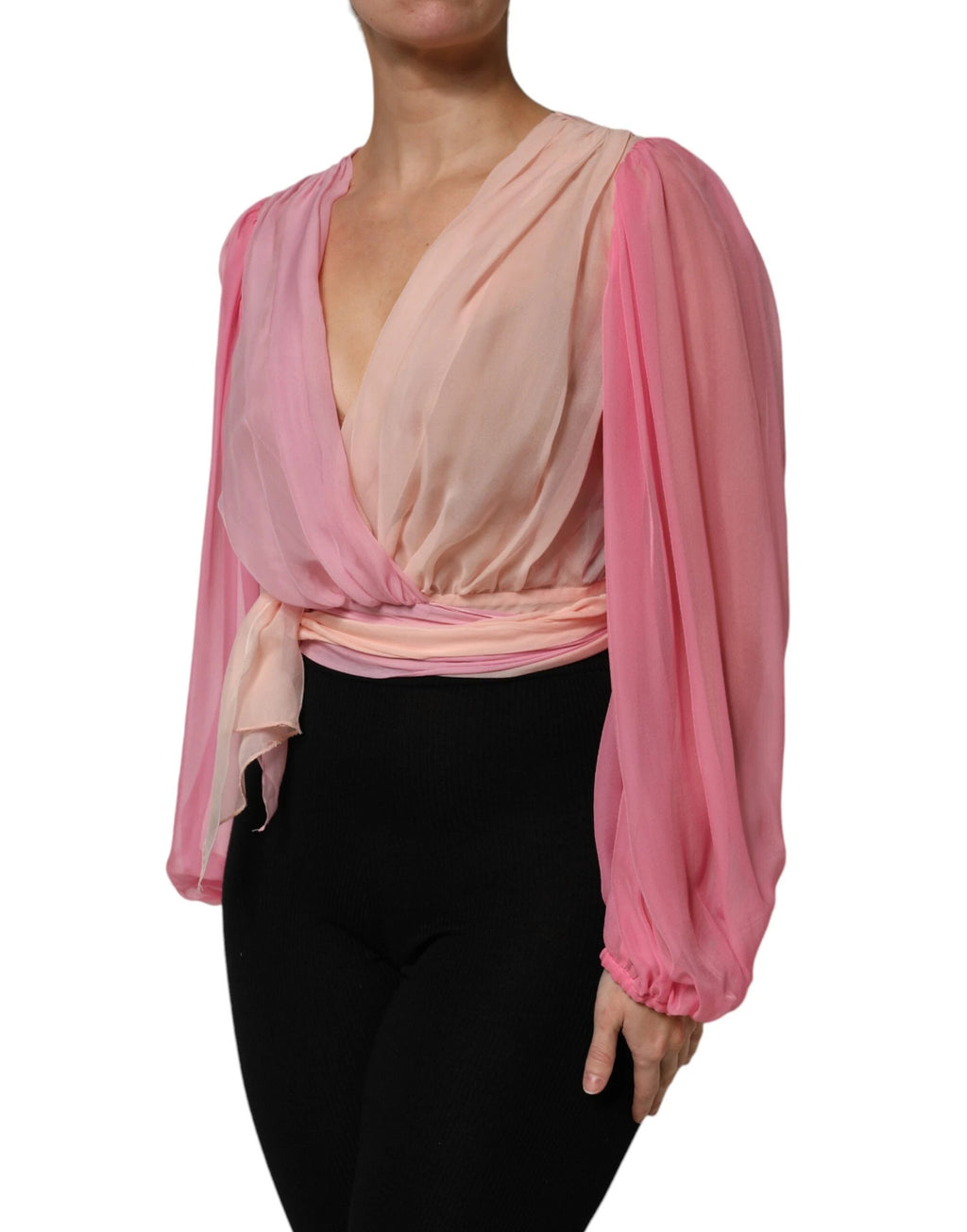 Dolce & Gabbana Pink Plunging V-neck Long Sleeves Blouse Top by Dolce & Gabbana
