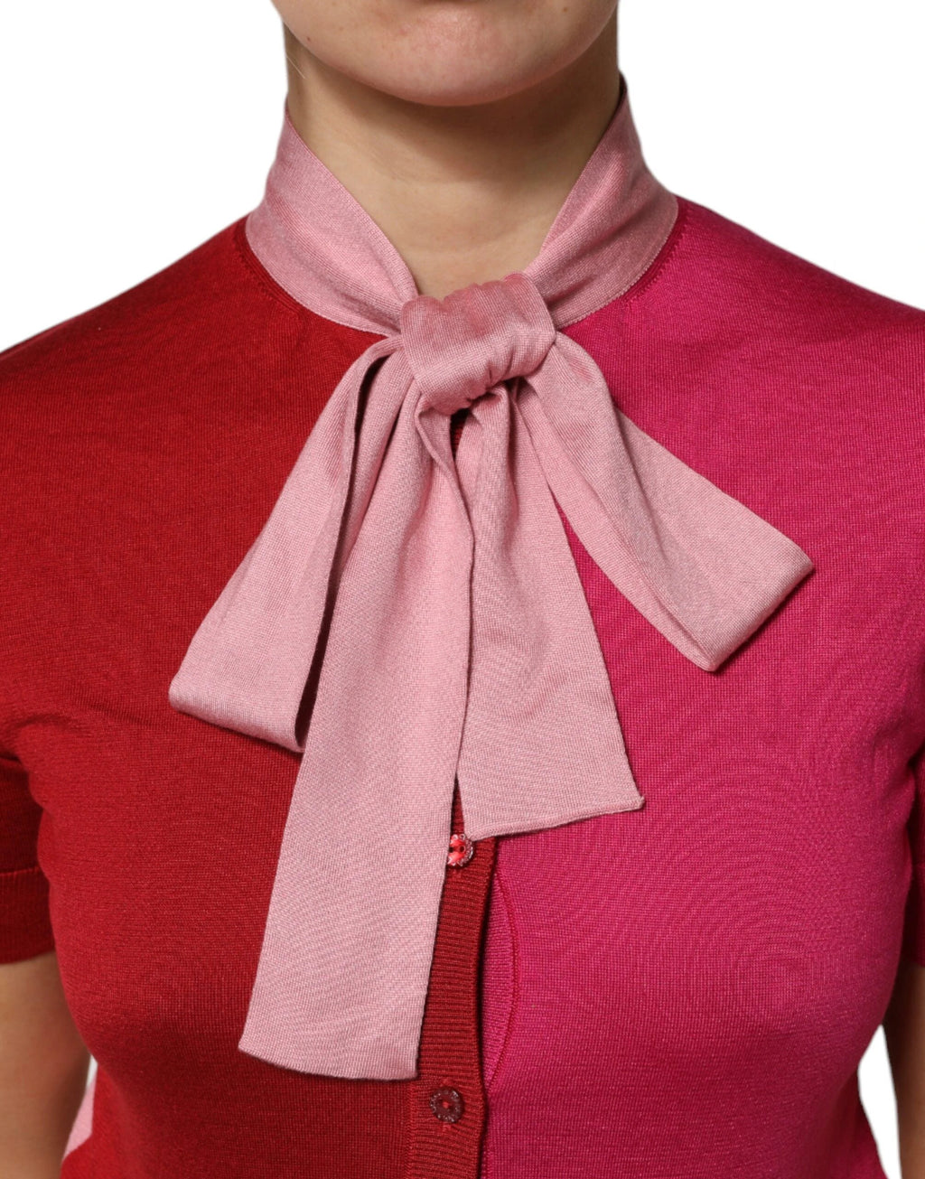Dolce & Gabbana Pink Short Sleeves Buttoned Ascot Collar Top by Dolce & Gabbana