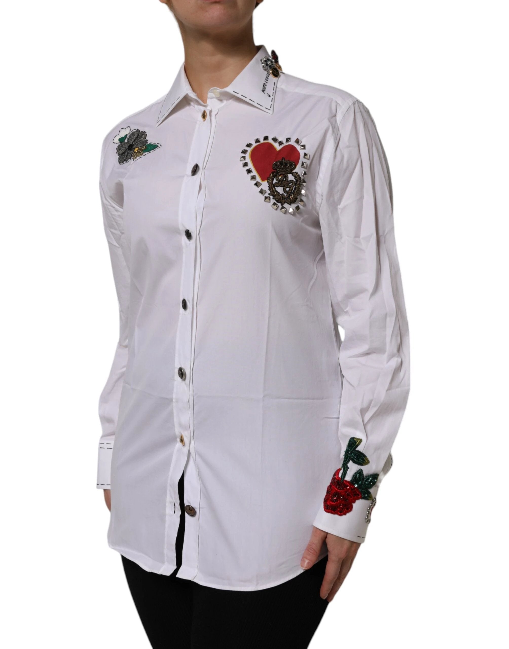 Dolce & Gabbana White Cotton Floral Embellished Shirt Top by Dolce & Gabbana