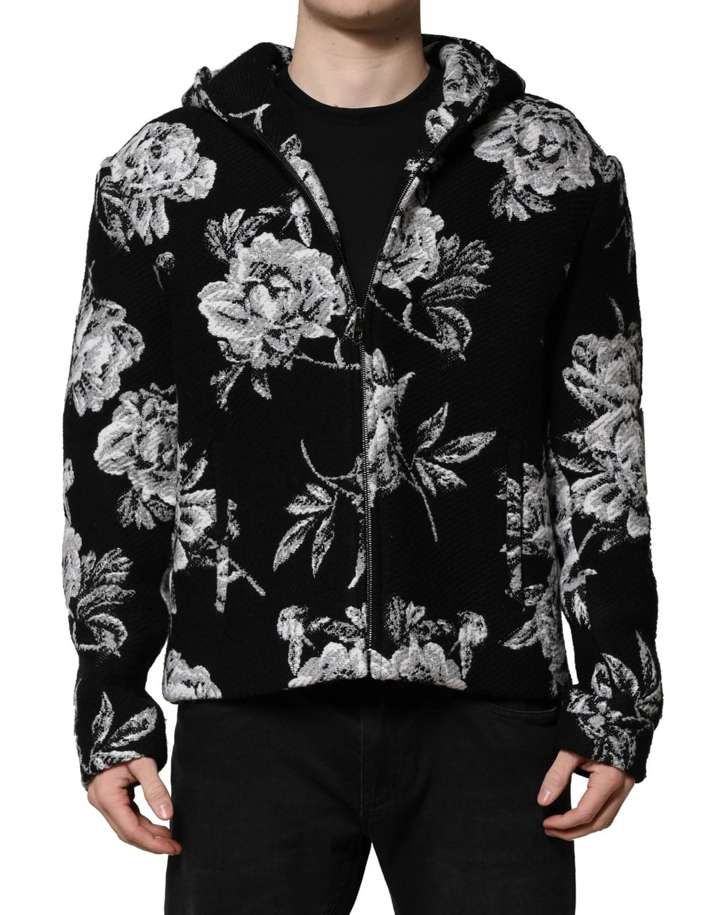 Dolce & Gabbana Black Wool Floral Printed Men Hooded Jacket by Dolce & Gabbana