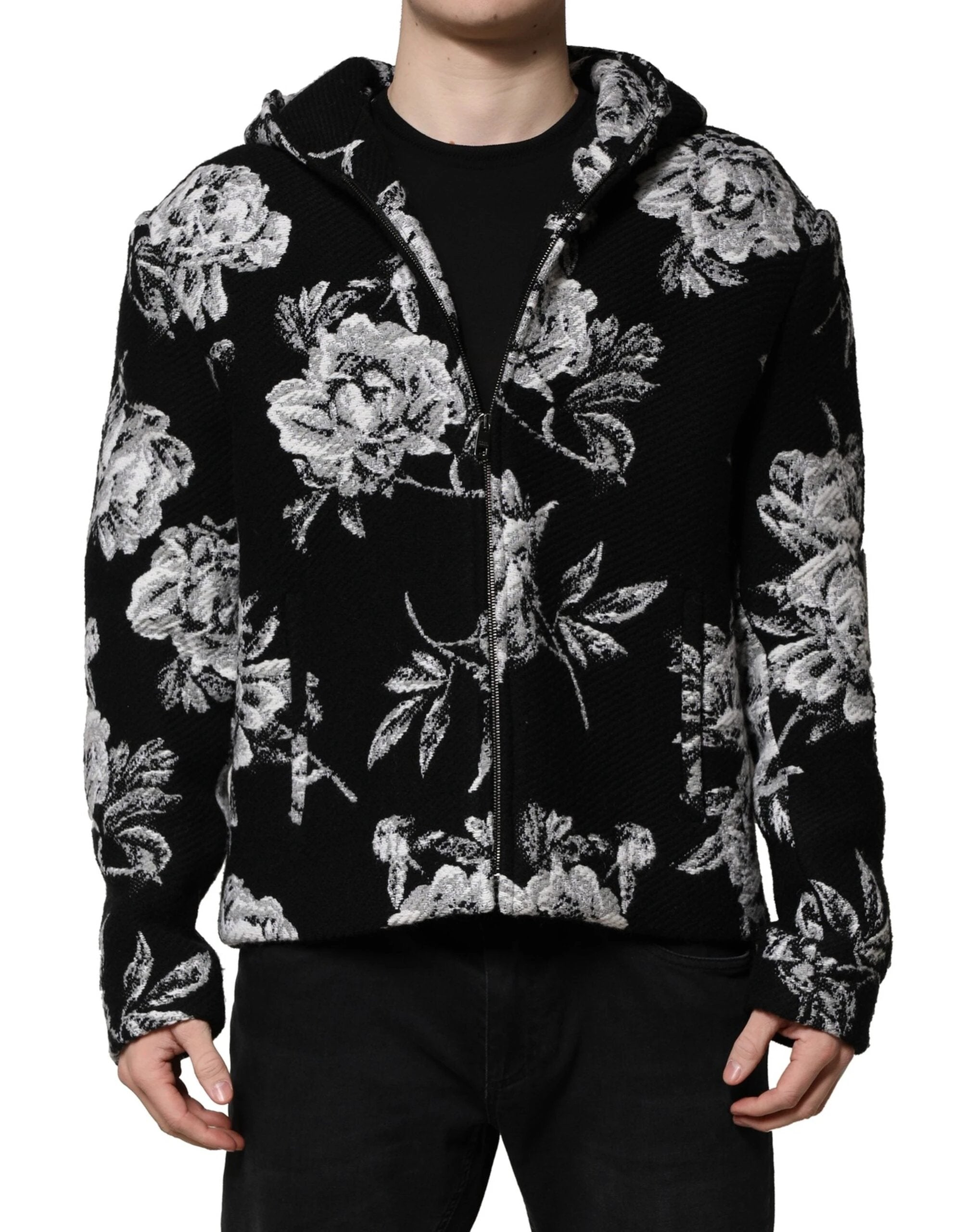 Dolce & Gabbana Black Wool Floral Printed Men Hooded Jacket by Dolce & Gabbana
