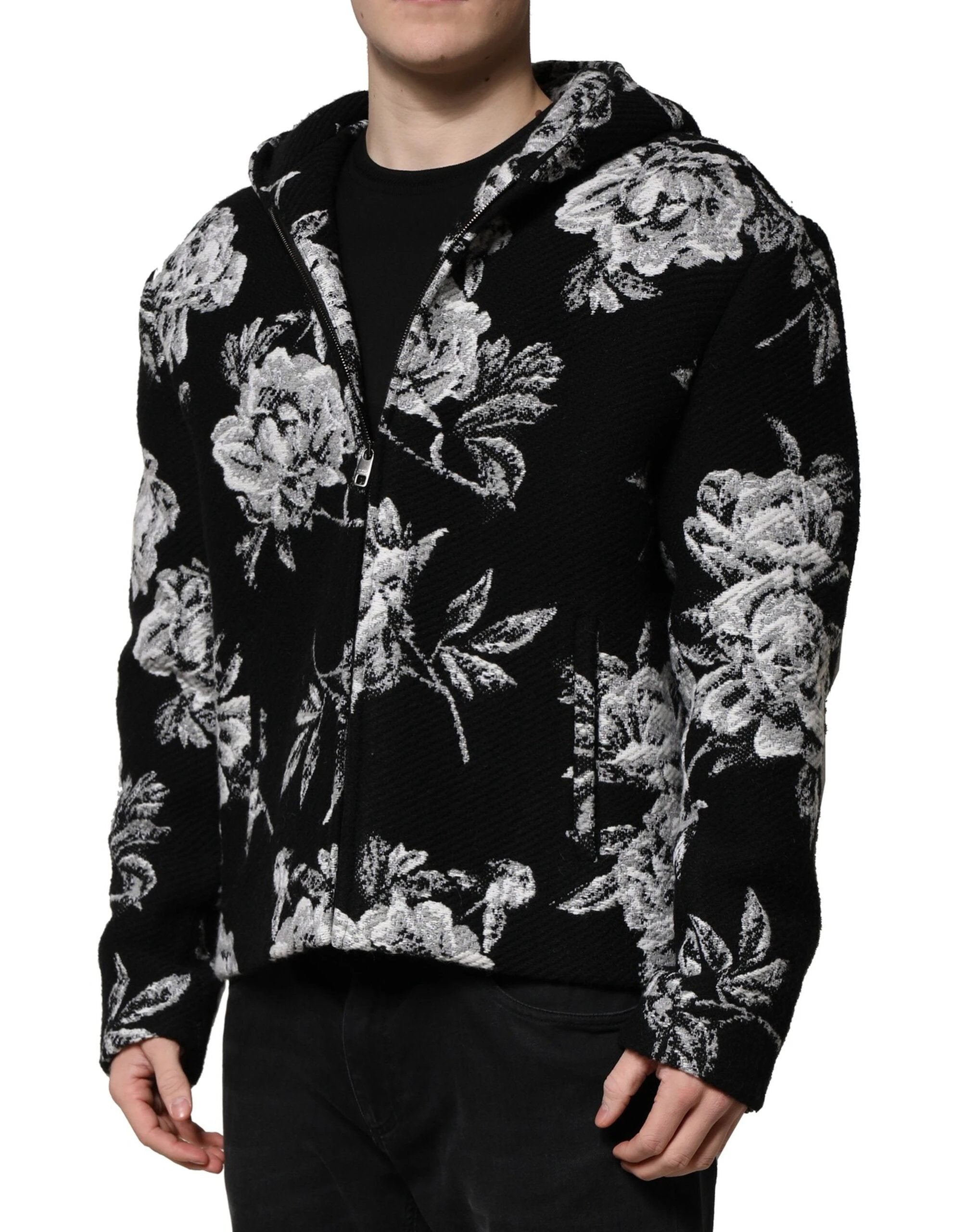 Dolce & Gabbana Black Wool Floral Printed Men Hooded Jacket by Dolce & Gabbana