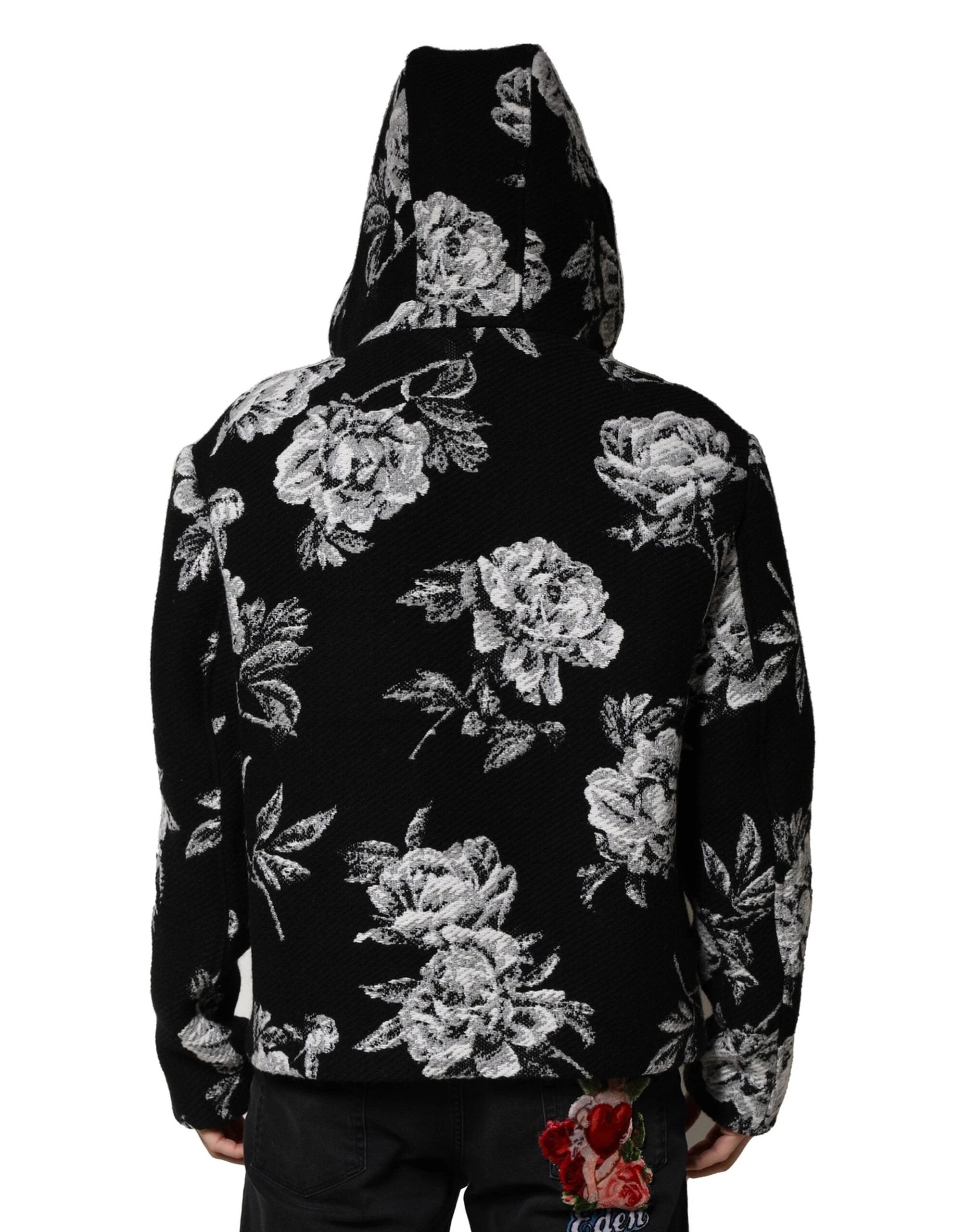 Dolce & Gabbana Black Wool Floral Printed Men Hooded Jacket by Dolce & Gabbana