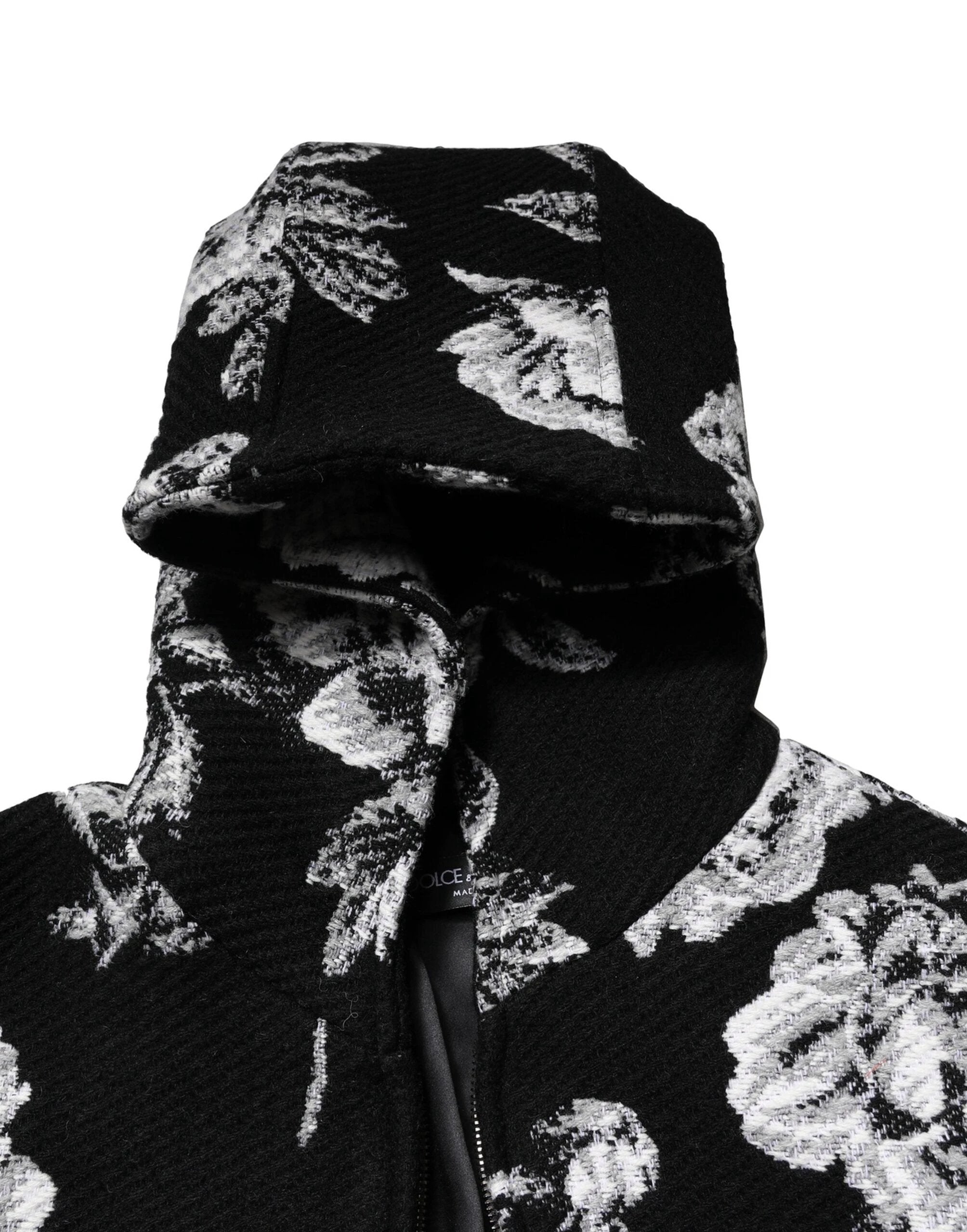 Dolce & Gabbana Black Wool Floral Printed Men Hooded Jacket by Dolce & Gabbana