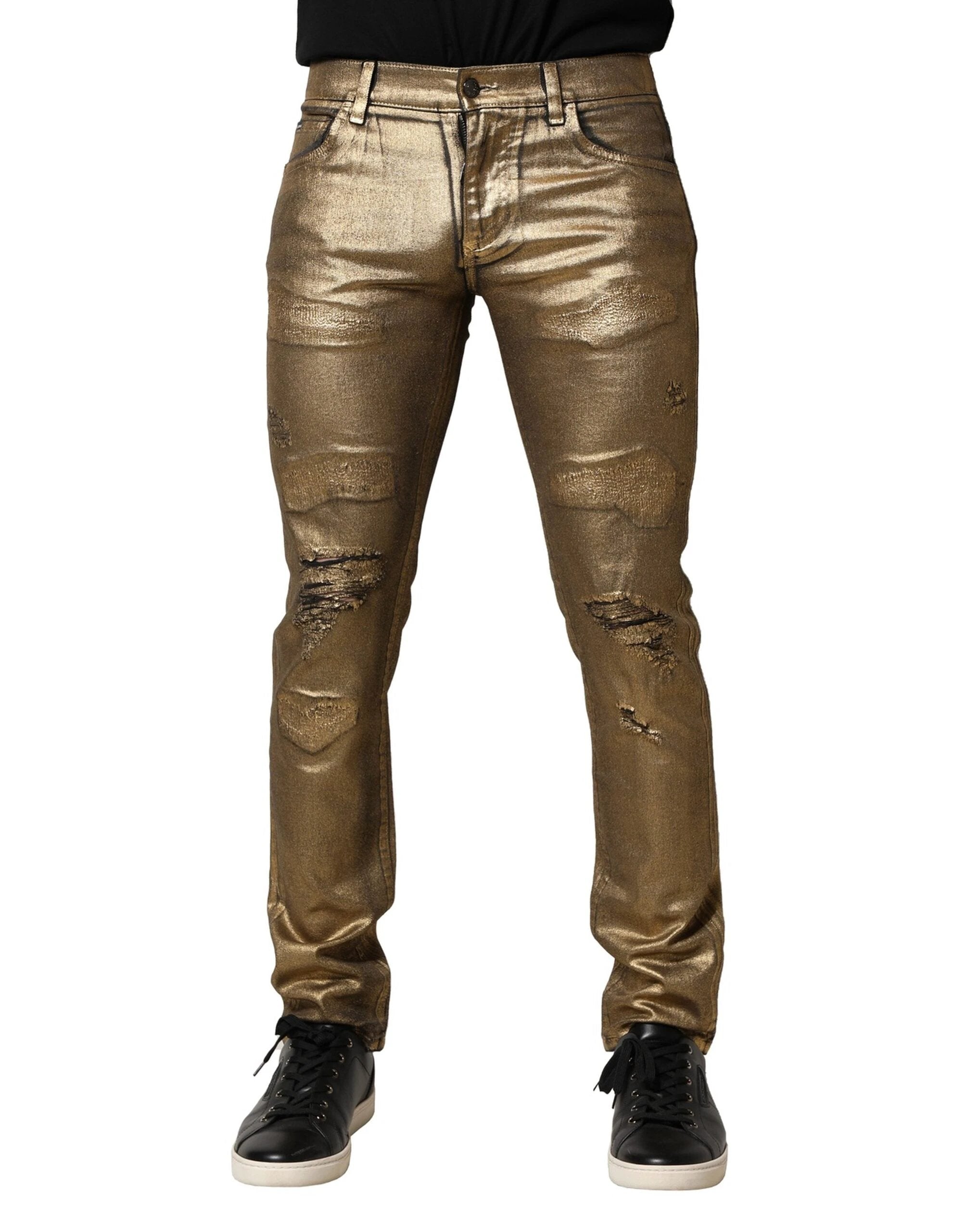 Dolce & Gabbana Gold Tattered Cotton Stretch Slim Denim Jeans by Dolce & Gabbana
