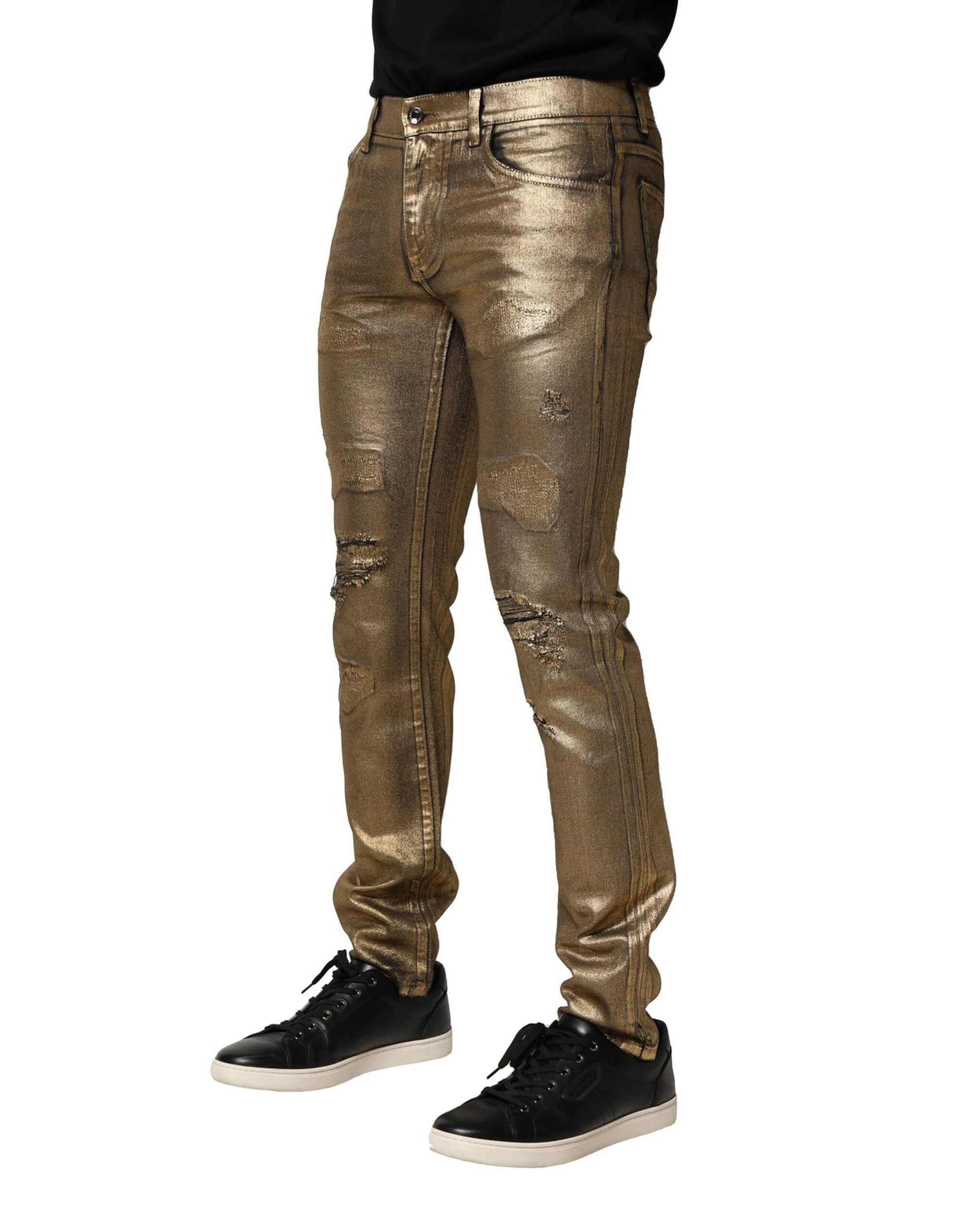 Dolce & Gabbana Gold Tattered Cotton Stretch Slim Denim Jeans by Dolce & Gabbana