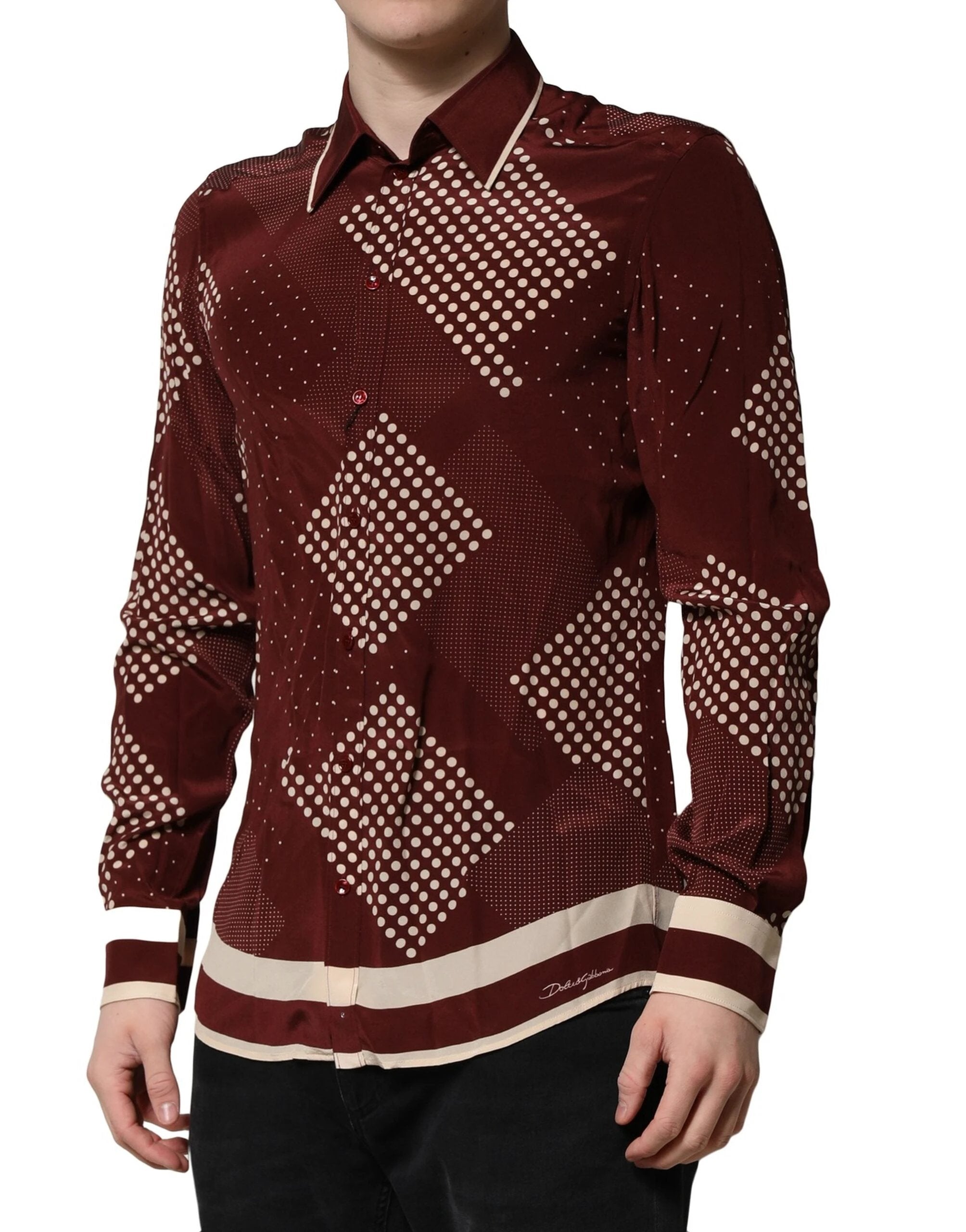 Dolce & Gabbana Maroon Dotted Silk Long Sleeve Casual Shirt by Dolce & Gabbana