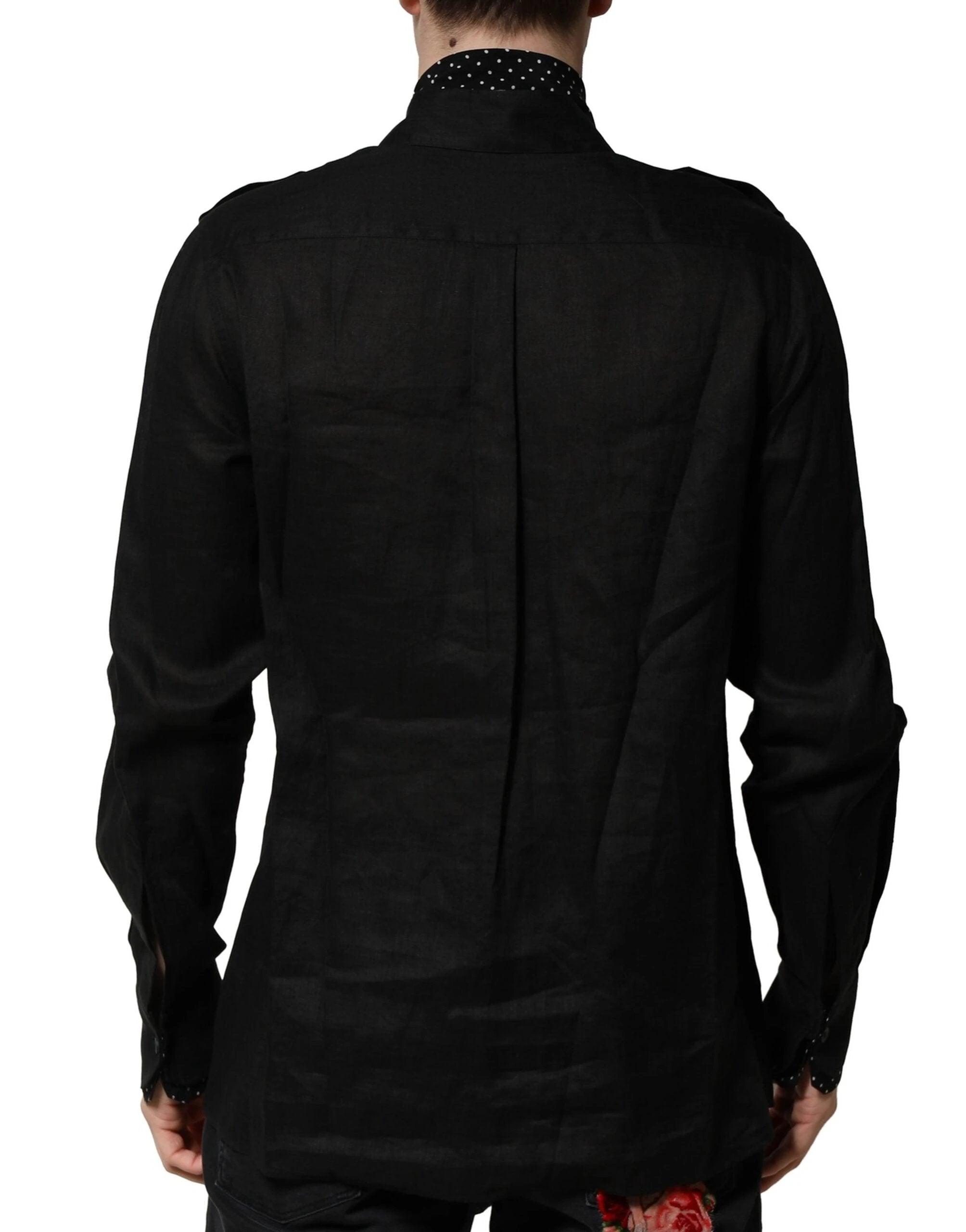 Dolce & Gabbana Black Polka Dot Linen Silk Men Casual Shirt by Dolce & Gabbana