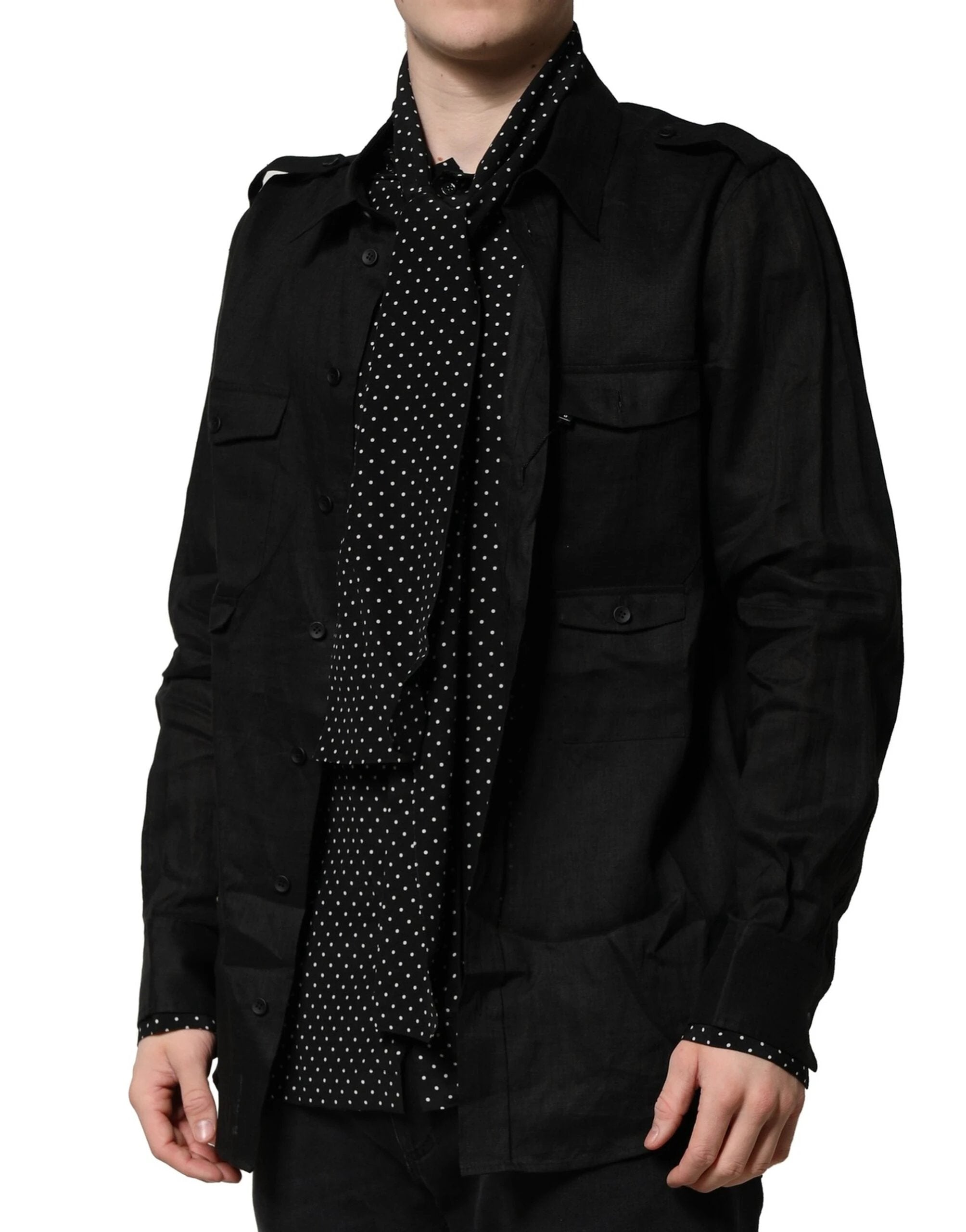 Dolce & Gabbana Black Polka Dot Linen Silk Men Casual Shirt by Dolce & Gabbana