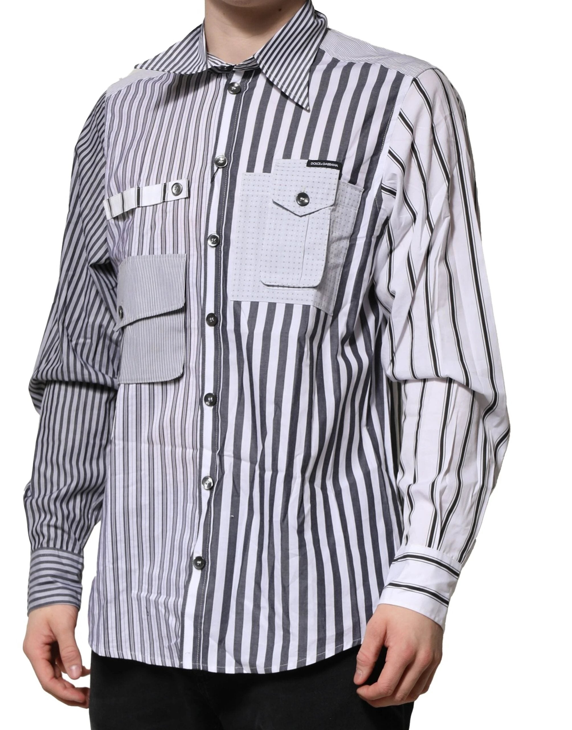 Dolce & Gabbana White Gray Striped Cotton Men Casual Shirt by Dolce & Gabbana