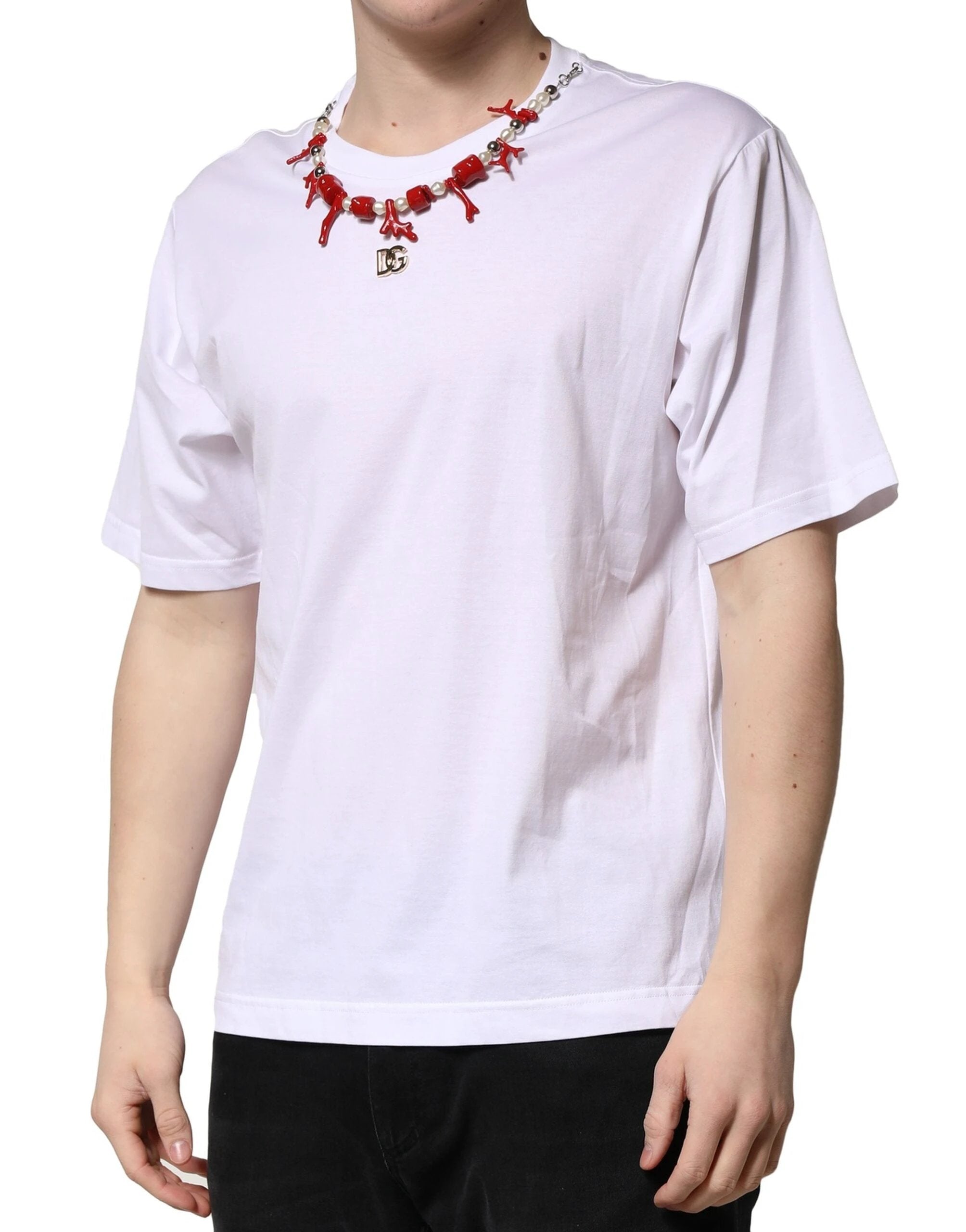 Dolce & Gabbana White Embellished Cotton Crew Neck T-shirt by Dolce & Gabbana