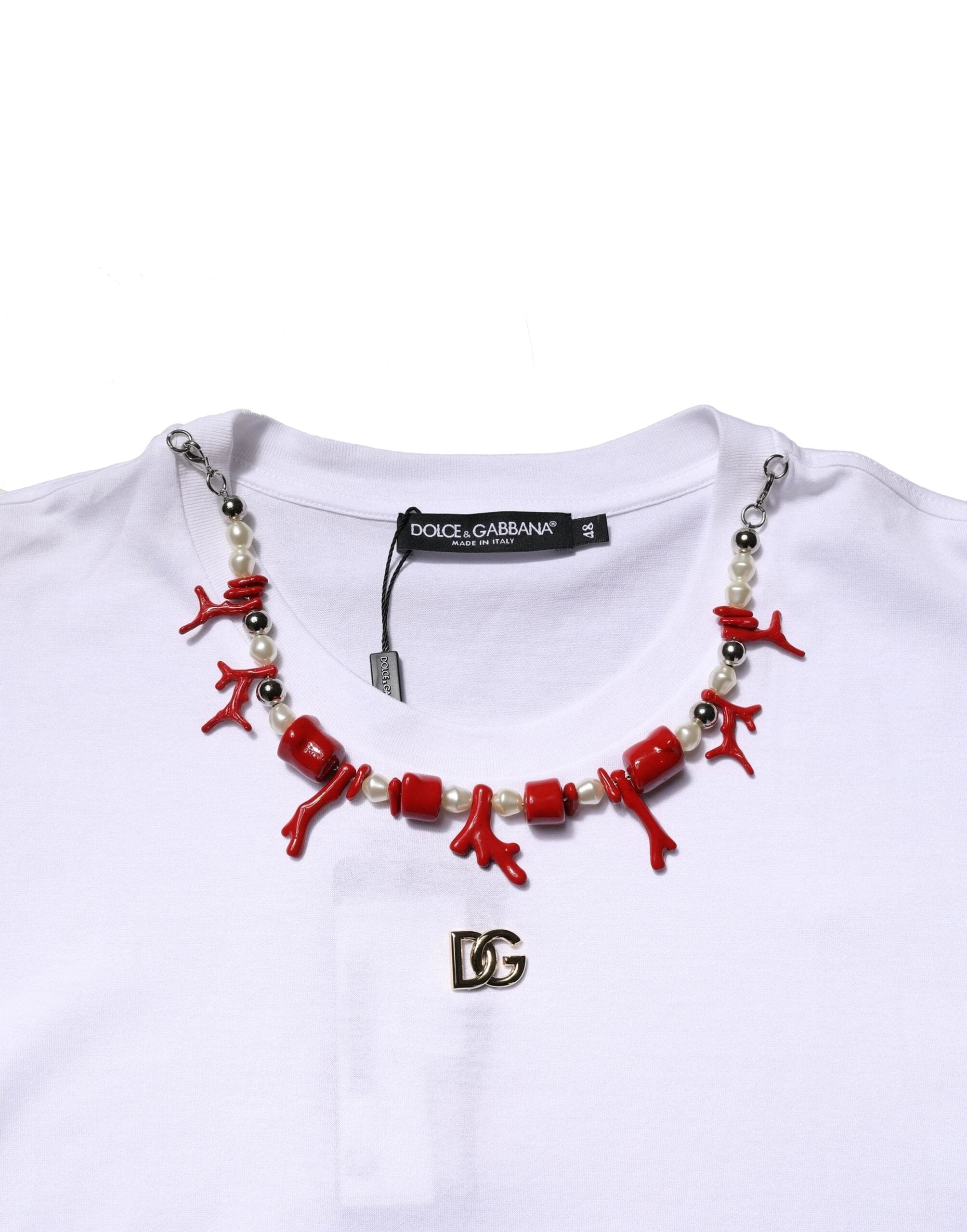 Dolce & Gabbana White Embellished Cotton Crew Neck T-shirt by Dolce & Gabbana