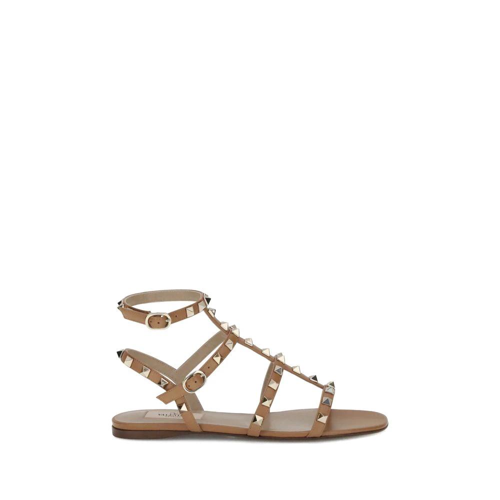 Valentino Garavani Beige Calf Leather Bos Taurus Flat Sandals by Valentino Garavani
