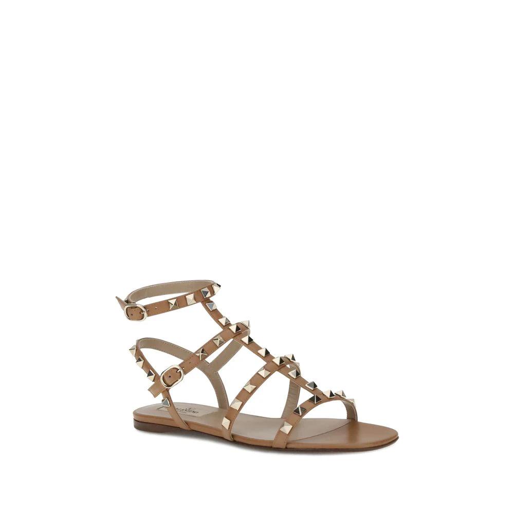 Valentino Garavani Beige Calf Leather Bos Taurus Flat Sandals by Valentino Garavani