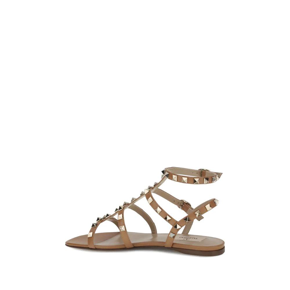 Valentino Garavani Beige Calf Leather Bos Taurus Flat Sandals by Valentino Garavani