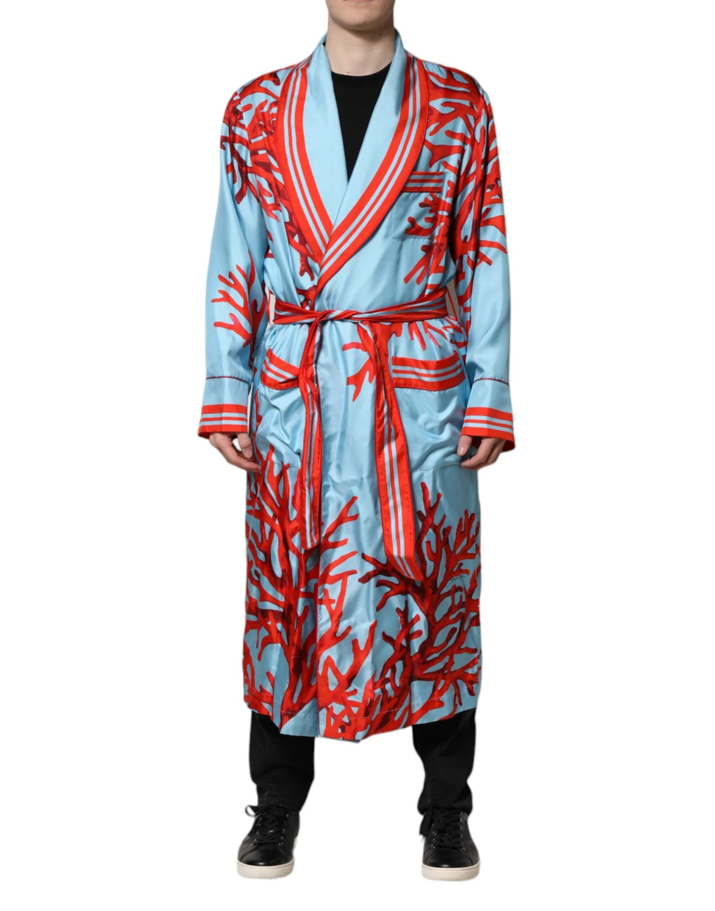 Dolce & Gabbana Blue Red Coral Print Wrap Robe Coat Jacket by Dolce & Gabbana