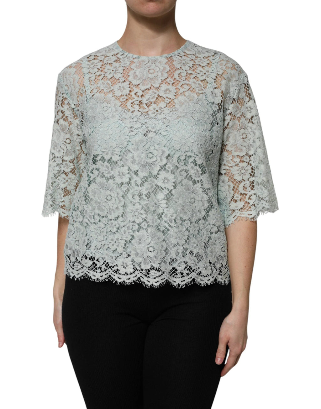 Dolce & Gabbana Mint Green Floral Lace Cotton Blouse Top by Dolce & Gabbana