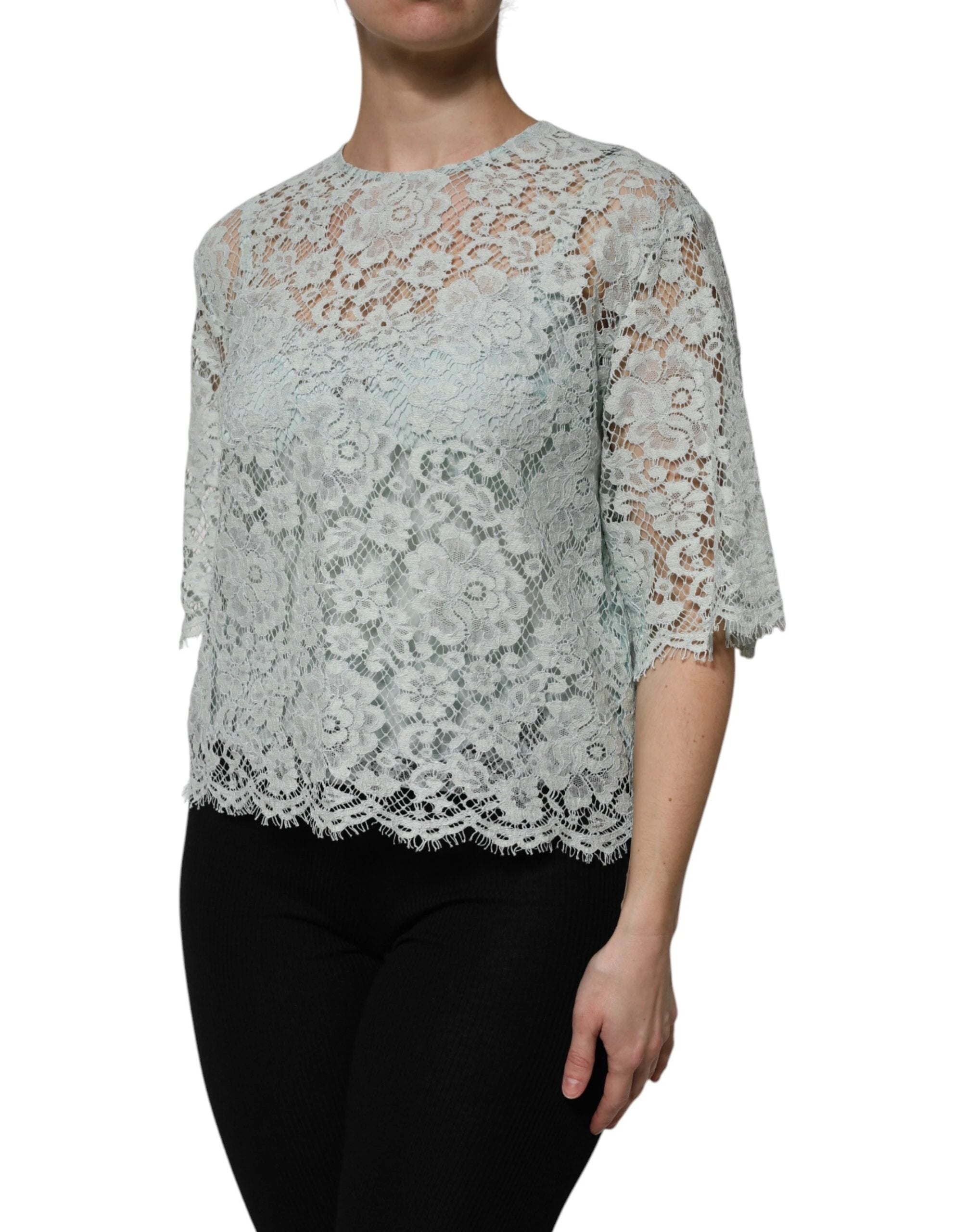Dolce & Gabbana Mint Green Floral Lace Cotton Blouse Top by Dolce & Gabbana