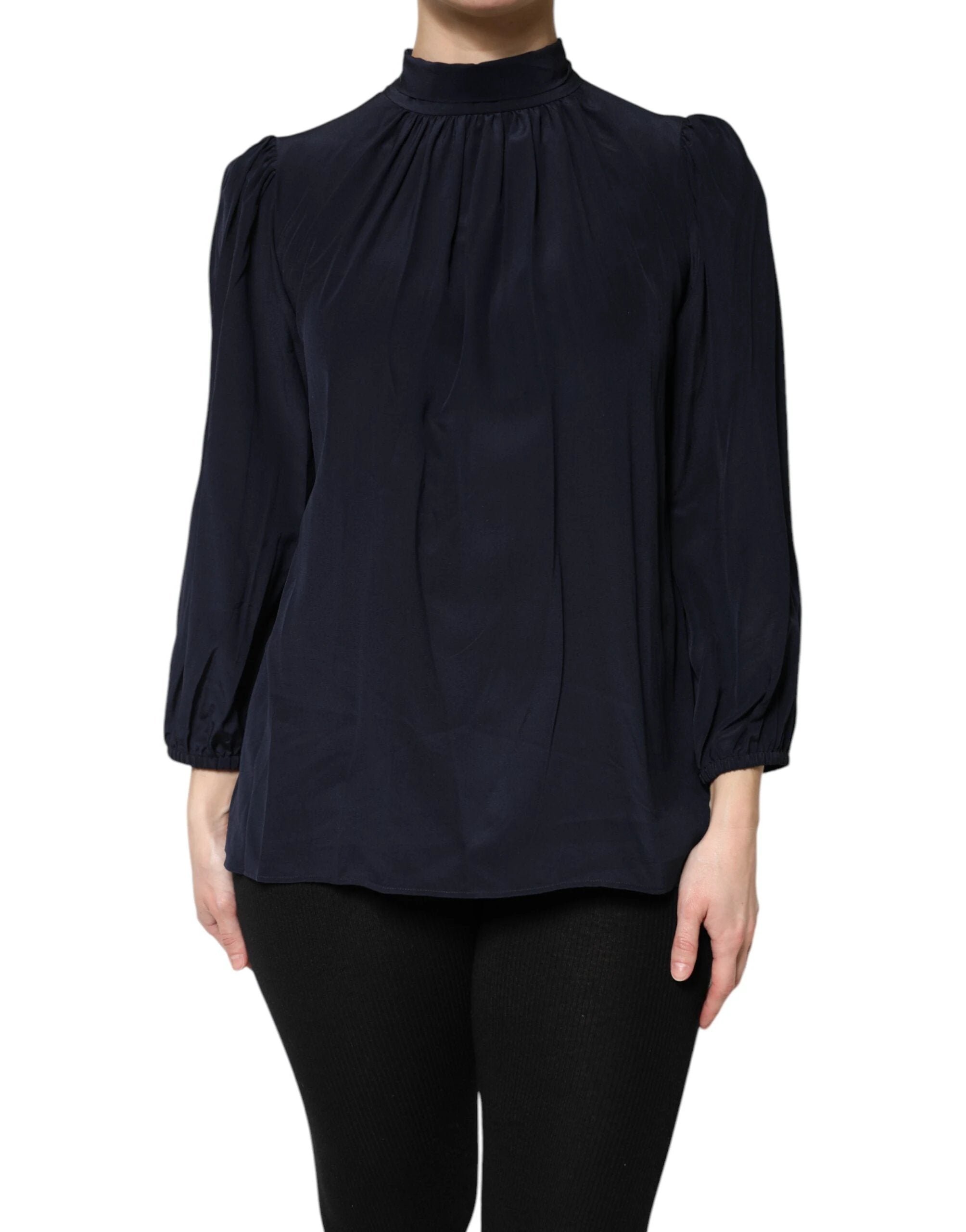Dolce & Gabbana Blue Silk Mock Neck Long Sleeves Blouse Top by Dolce & Gabbana