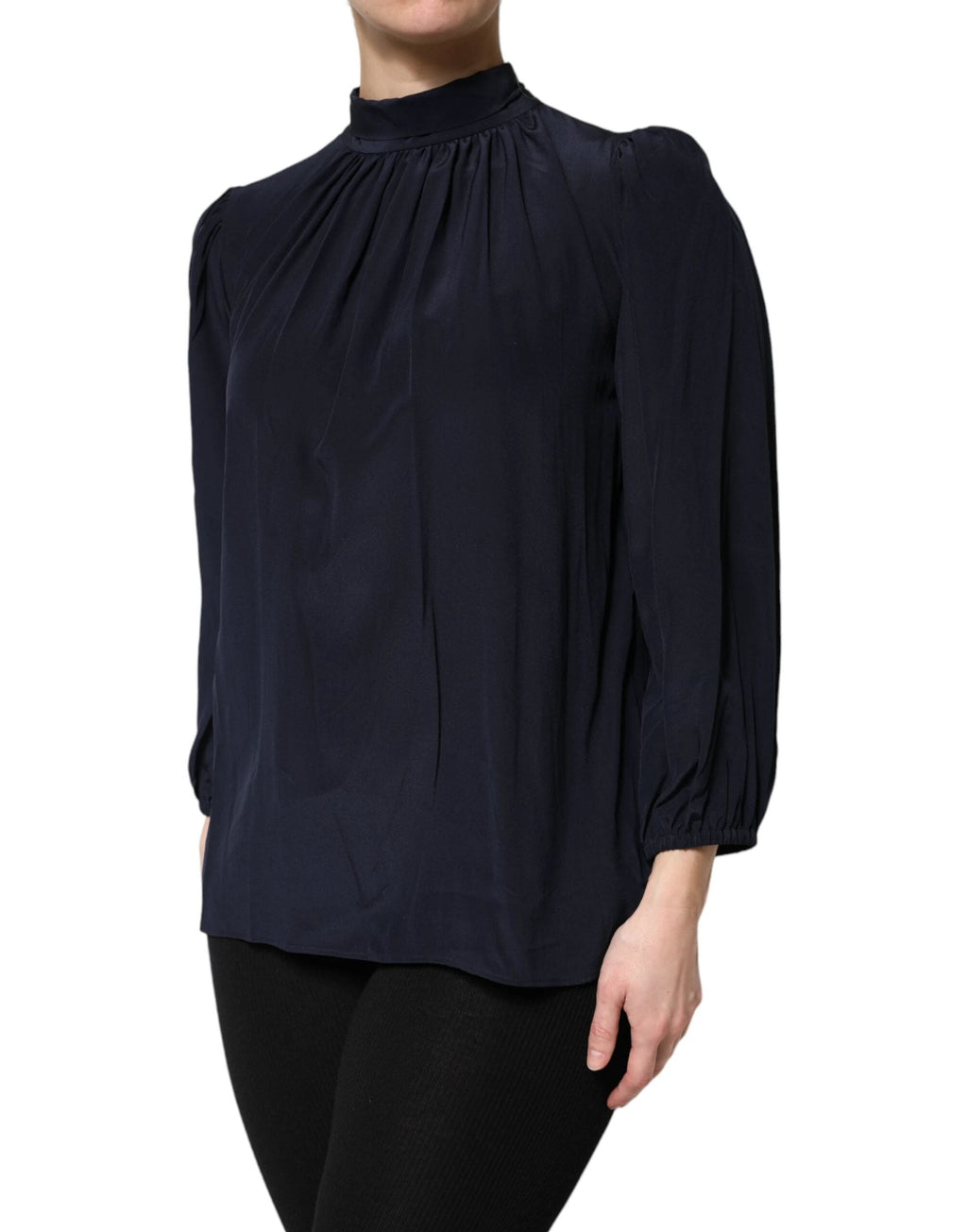 Dolce & Gabbana Blue Silk Mock Neck Long Sleeves Blouse Top by Dolce & Gabbana