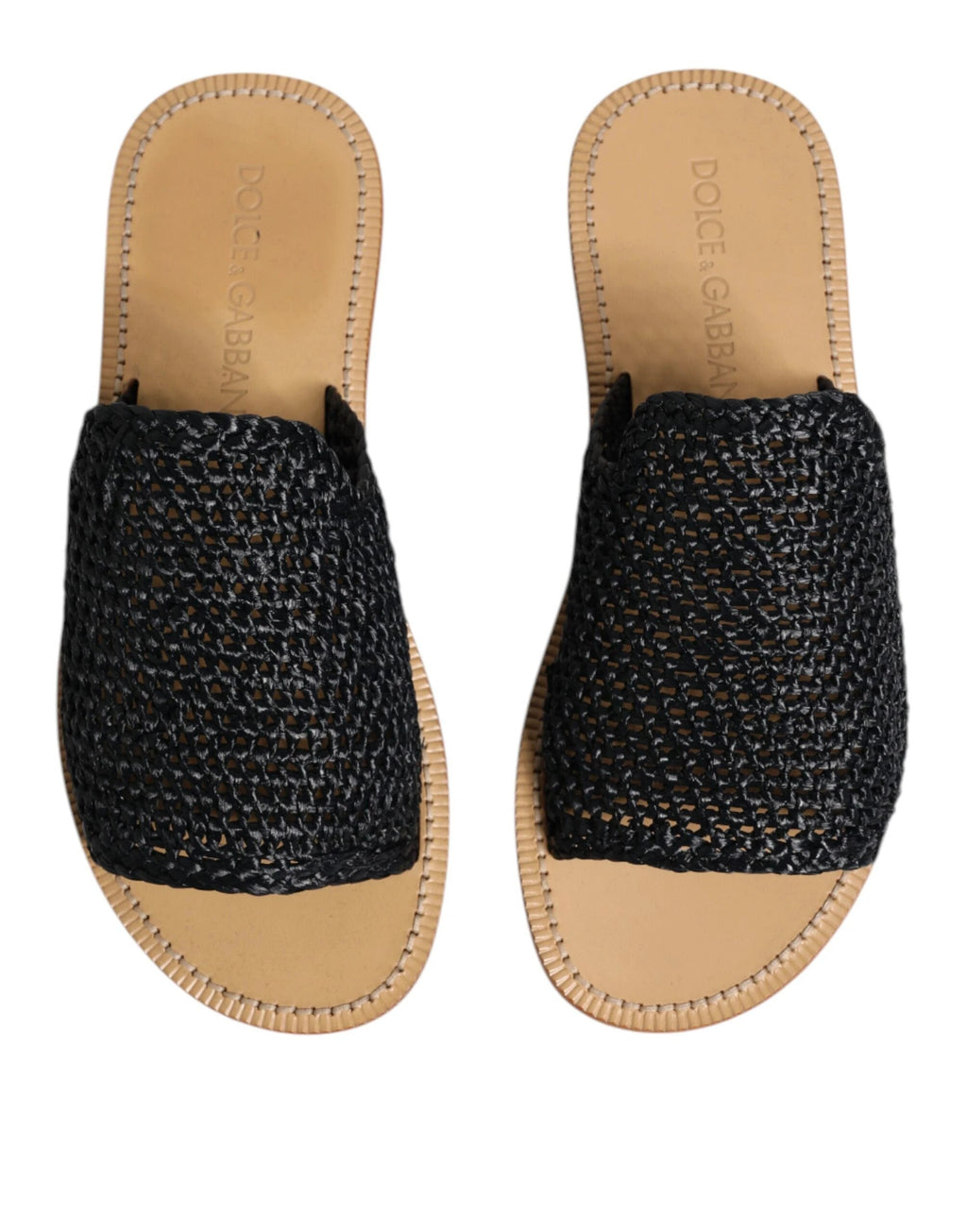 Dolce & Gabbana Black Monochrome Braided Raffia Slides Shoes by Dolce & Gabbana