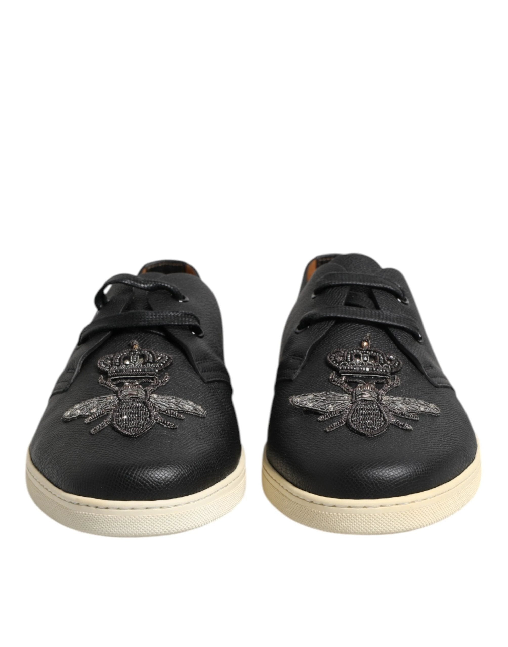 Dolce & Gabbana Black Leather Bee Crown Low Top Sneakers Shoes by Dolce & Gabbana
