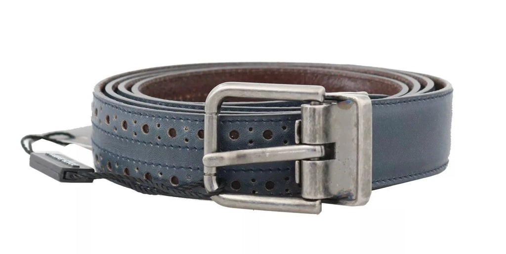 Dolce & Gabbana Blue Perforated Leather Gray Buckle Belt by Dolce & Gabbana