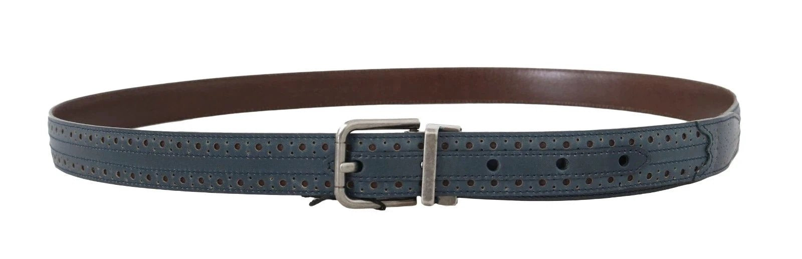 Dolce & Gabbana Blue Perforated Leather Gray Buckle Belt by Dolce & Gabbana