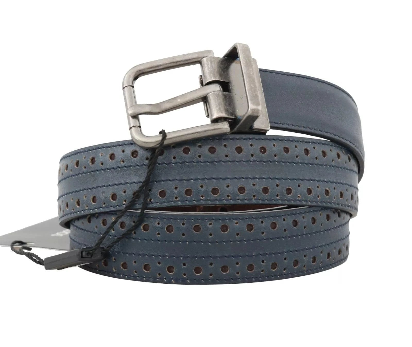 Dolce & Gabbana Blue Perforated Leather Gray Buckle Belt by Dolce & Gabbana