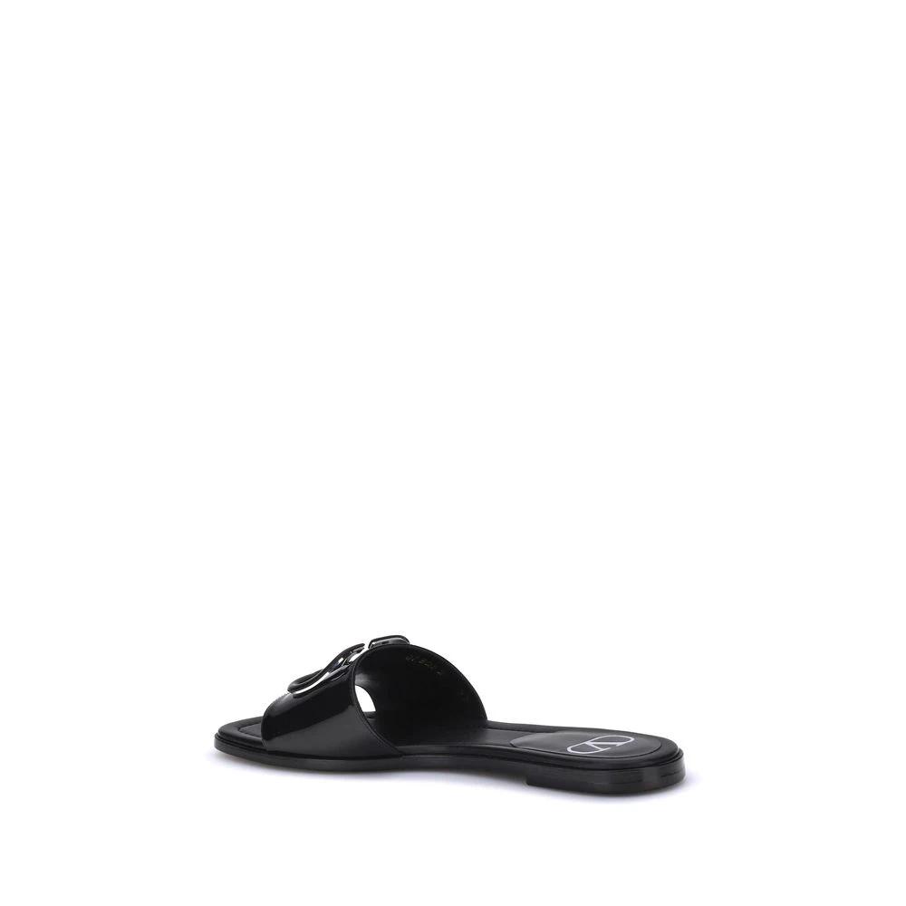 Valentino Garavani Black Calf Leather Bos Taurus Flat Sandals by Valentino Garavani