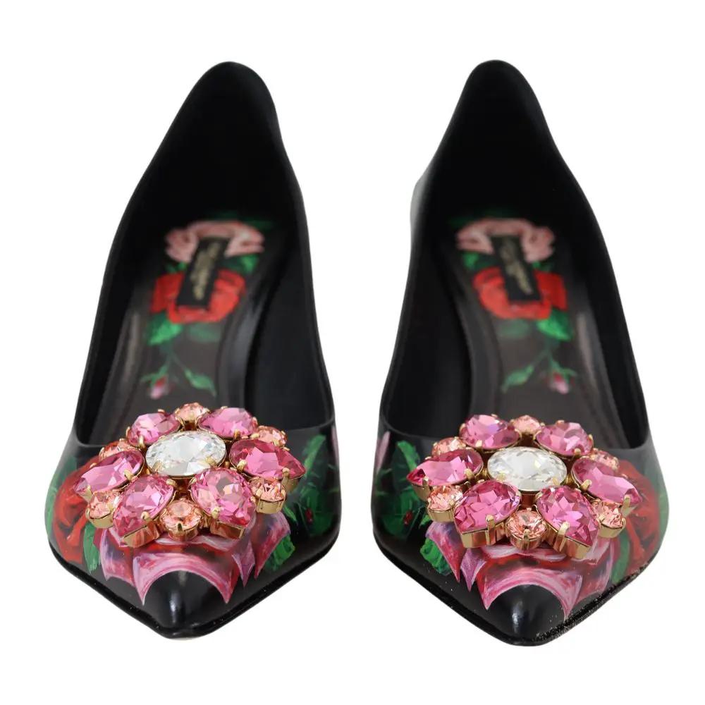 Women’s Black Floral High Heel Pumps – Dolce & Gabbana Rose Print Leather Heels