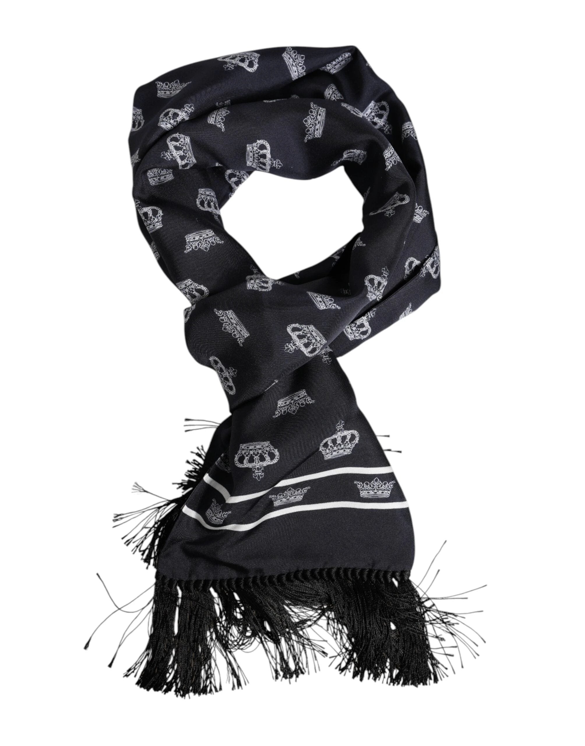 Dolce & Gabbana Black Silk Crown Fringes Men Foulard Scarf by Dolce & Gabbana