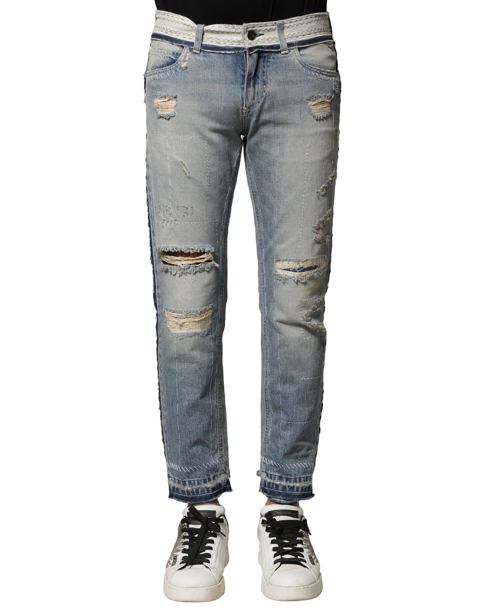 Dolce & Gabbana Light Blue Tattered Straight Men Denim Jeans by Dolce & Gabbana