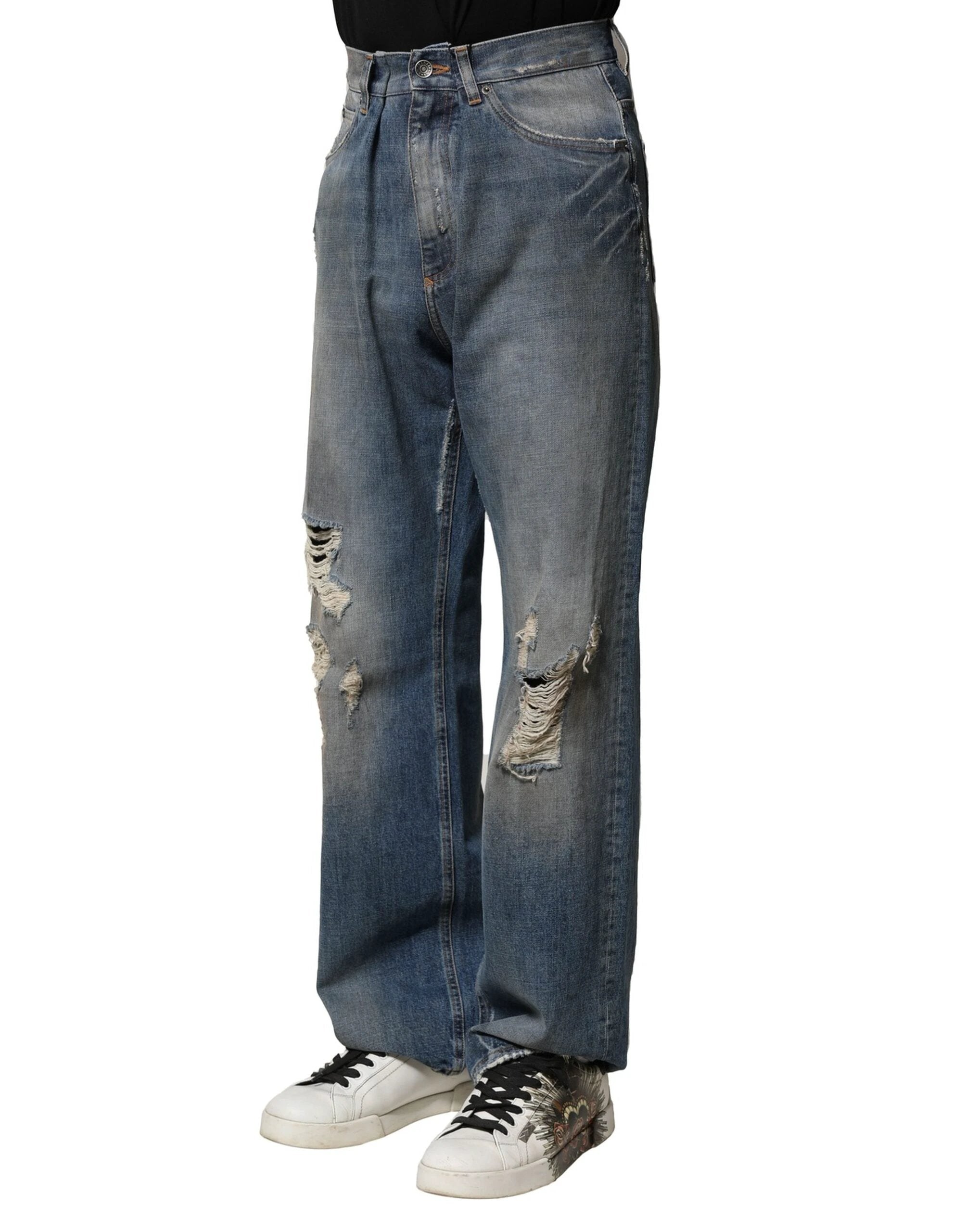 Dolce & Gabbana Blue Cotton Tattered Men Denim Jeans by Dolce & Gabbana