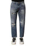 Dolce & Gabbana Blue Washed Tattered Straight Fit Denim Jeans by Dolce & Gabbana