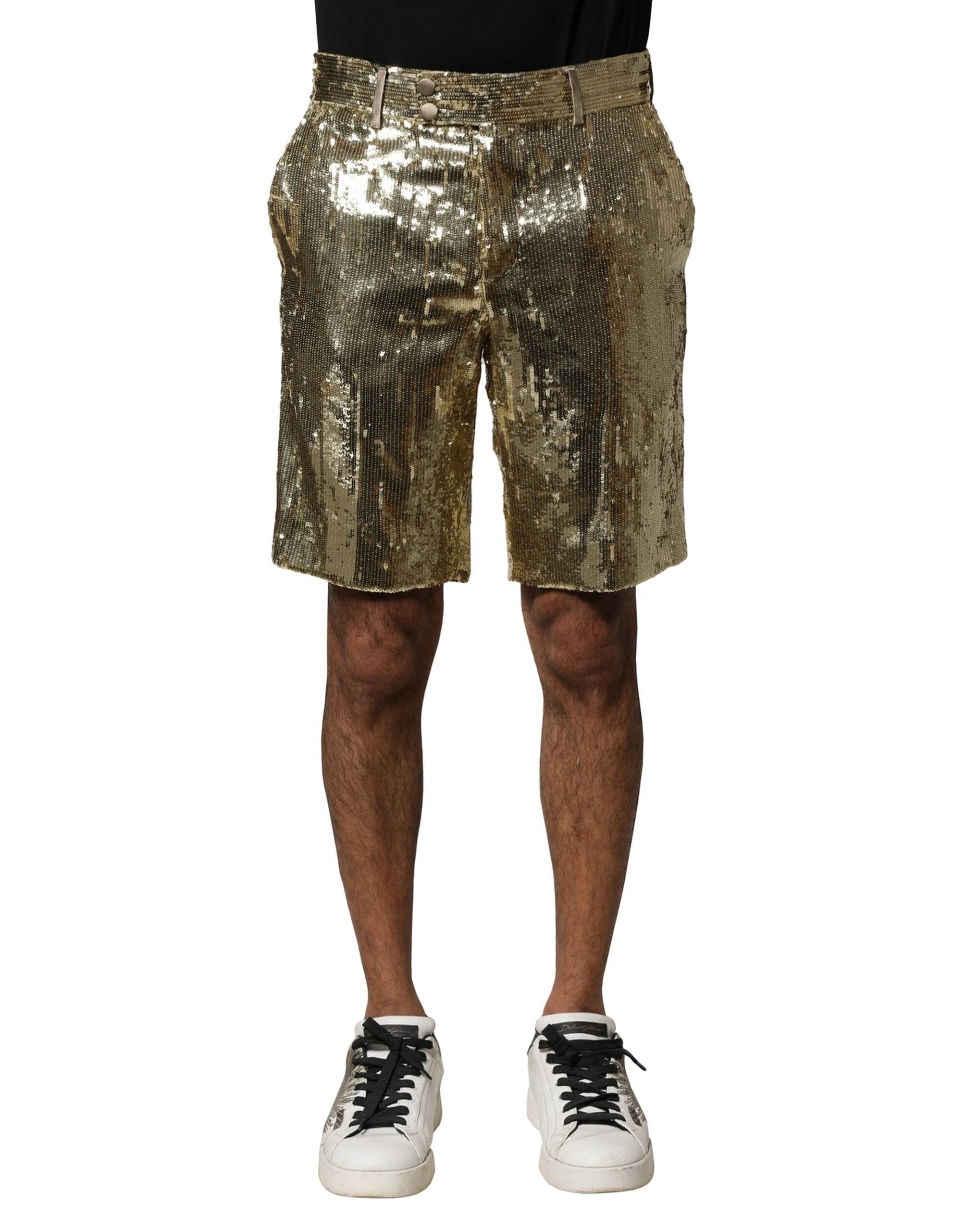 Dolce & Gabbana Gold Sequin Polyester Embellished Bermuda Shorts by Dolce & Gabbana