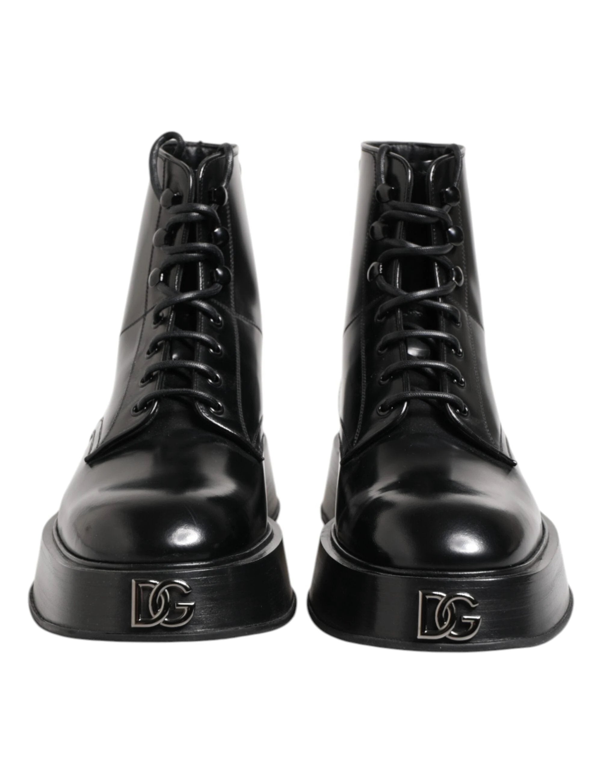 Dolce & Gabbana Black Leather Logo Ankle Boots Lace Up Shoes