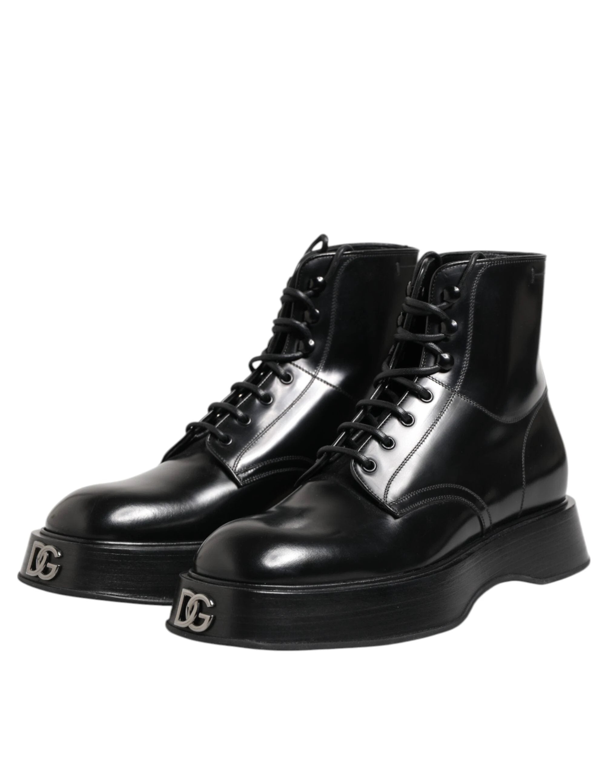 Dolce & Gabbana Black Leather Logo Ankle Boots Lace Up Shoes