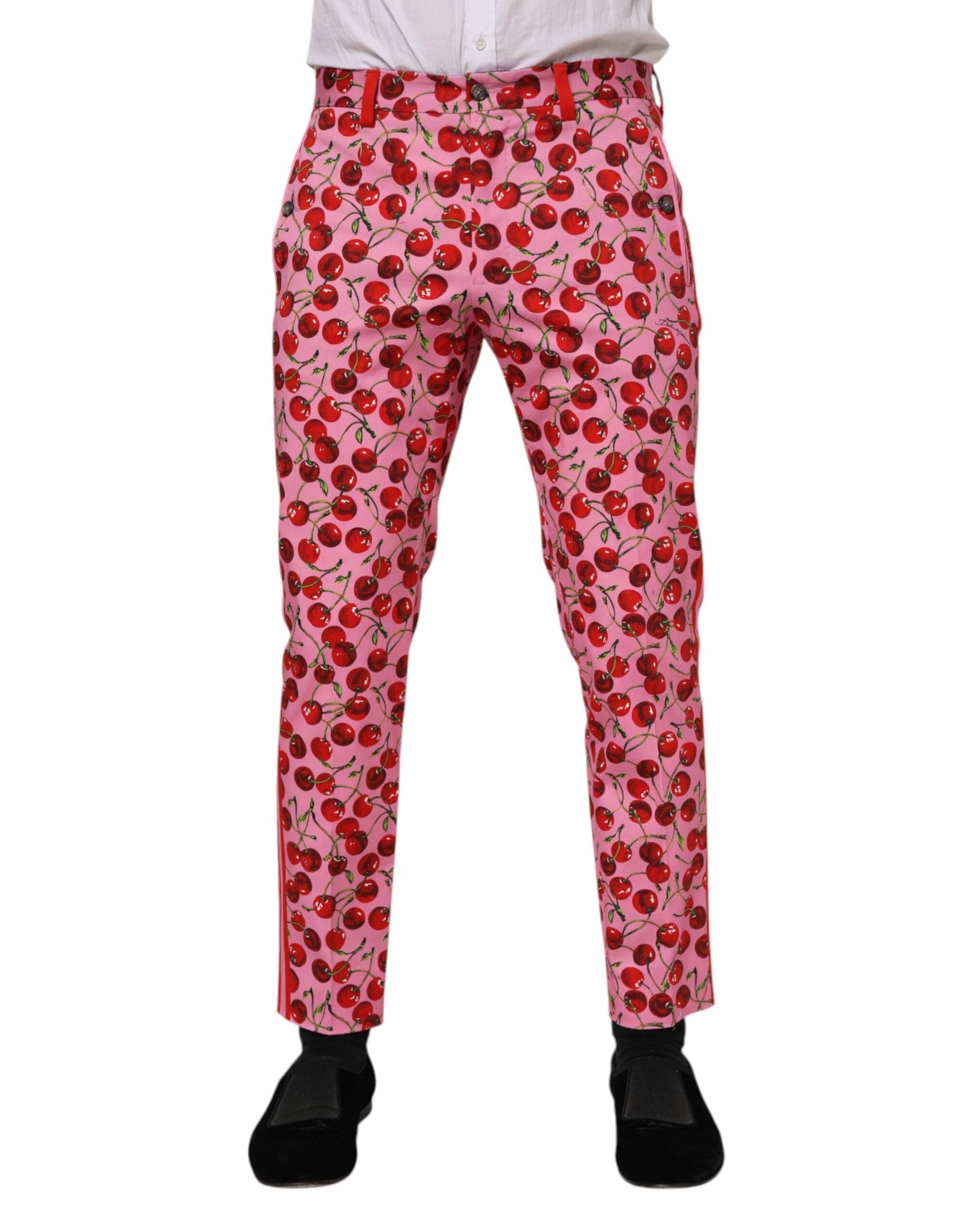 Dolce & Gabbana Pink Cherry Print Cotton Dress Pants by Dolce & Gabbana
