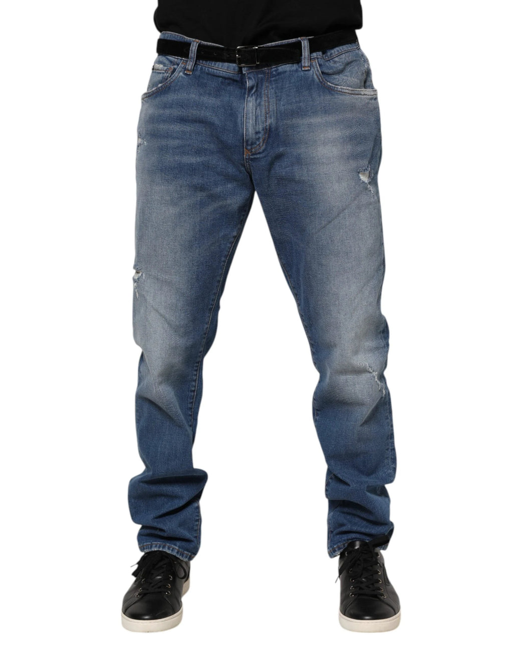 Dolce & Gabbana Blue Washed Cotton Logo Plaque Denim Jeans by Dolce & Gabbana