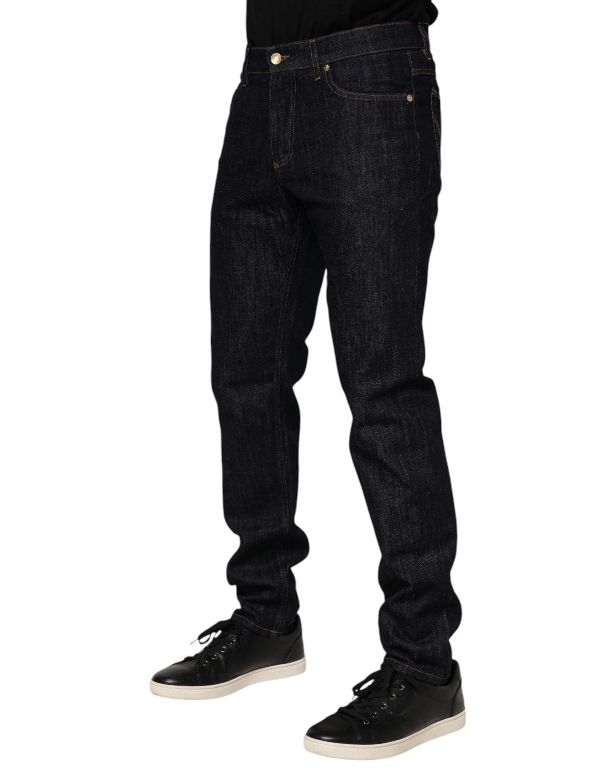 Dolce & Gabbana Dark Blue Cotton Logo Plaque Men Denim Jeans by Dolce & Gabbana