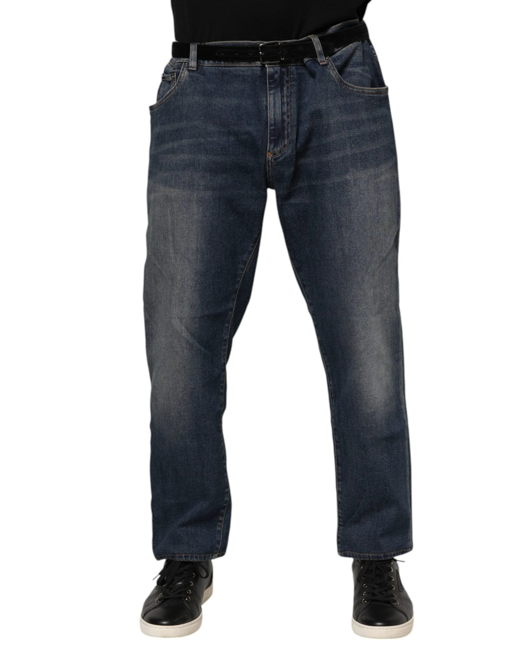 Dolce & Gabbana Blue Cotton Logo Plaque Slim Denim Jeans by Dolce & Gabbana