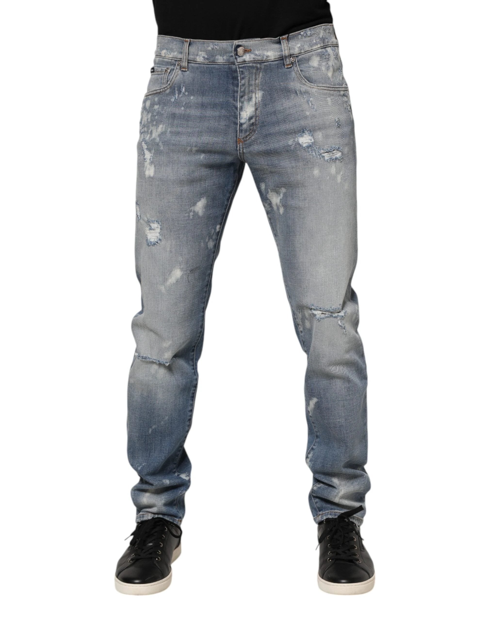 Dolce & Gabbana Blue Cotton Tattered Slim Fit Men Denim Jeans by Dolce & Gabbana