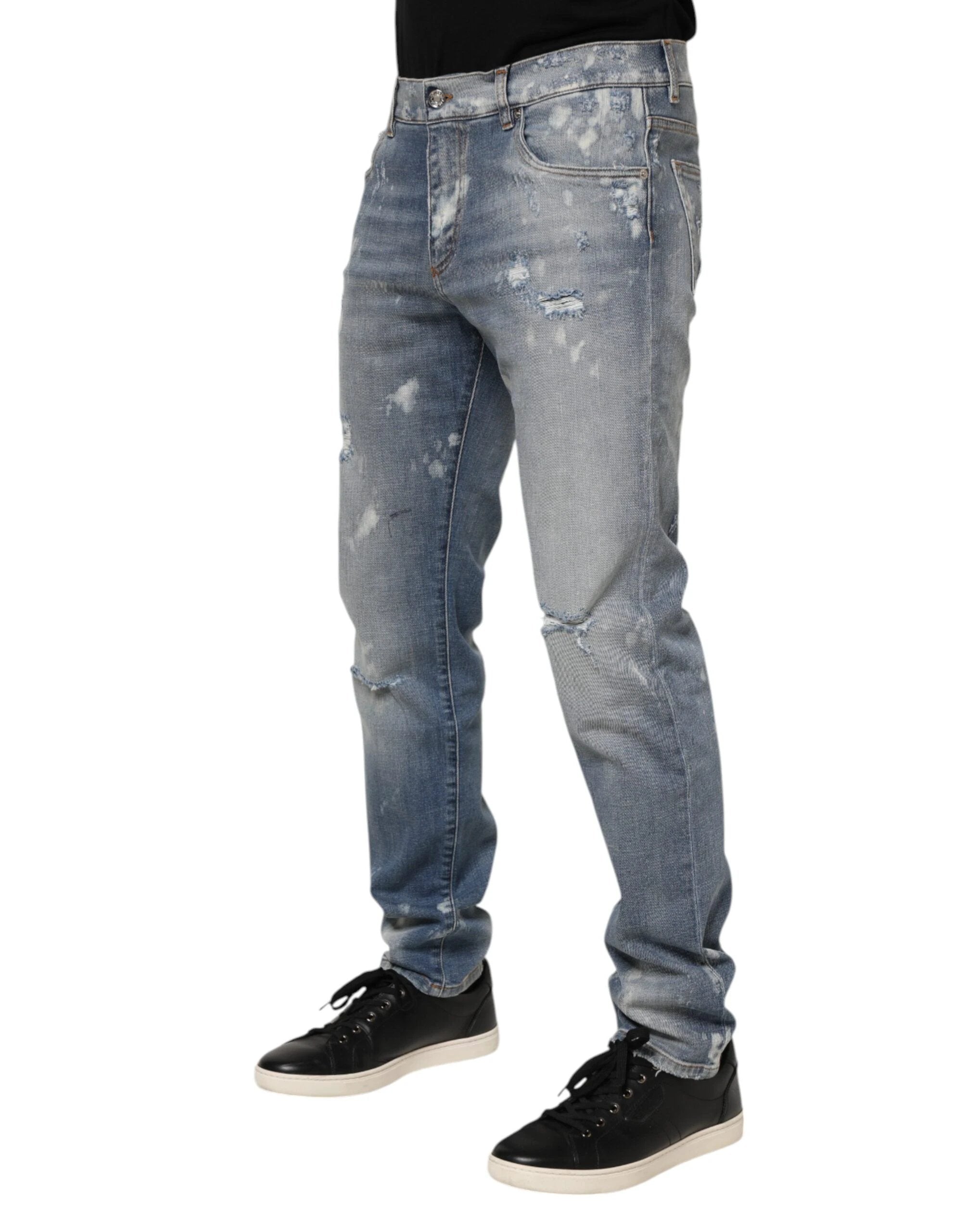Dolce & Gabbana Blue Cotton Tattered Slim Fit Men Denim Jeans by Dolce & Gabbana