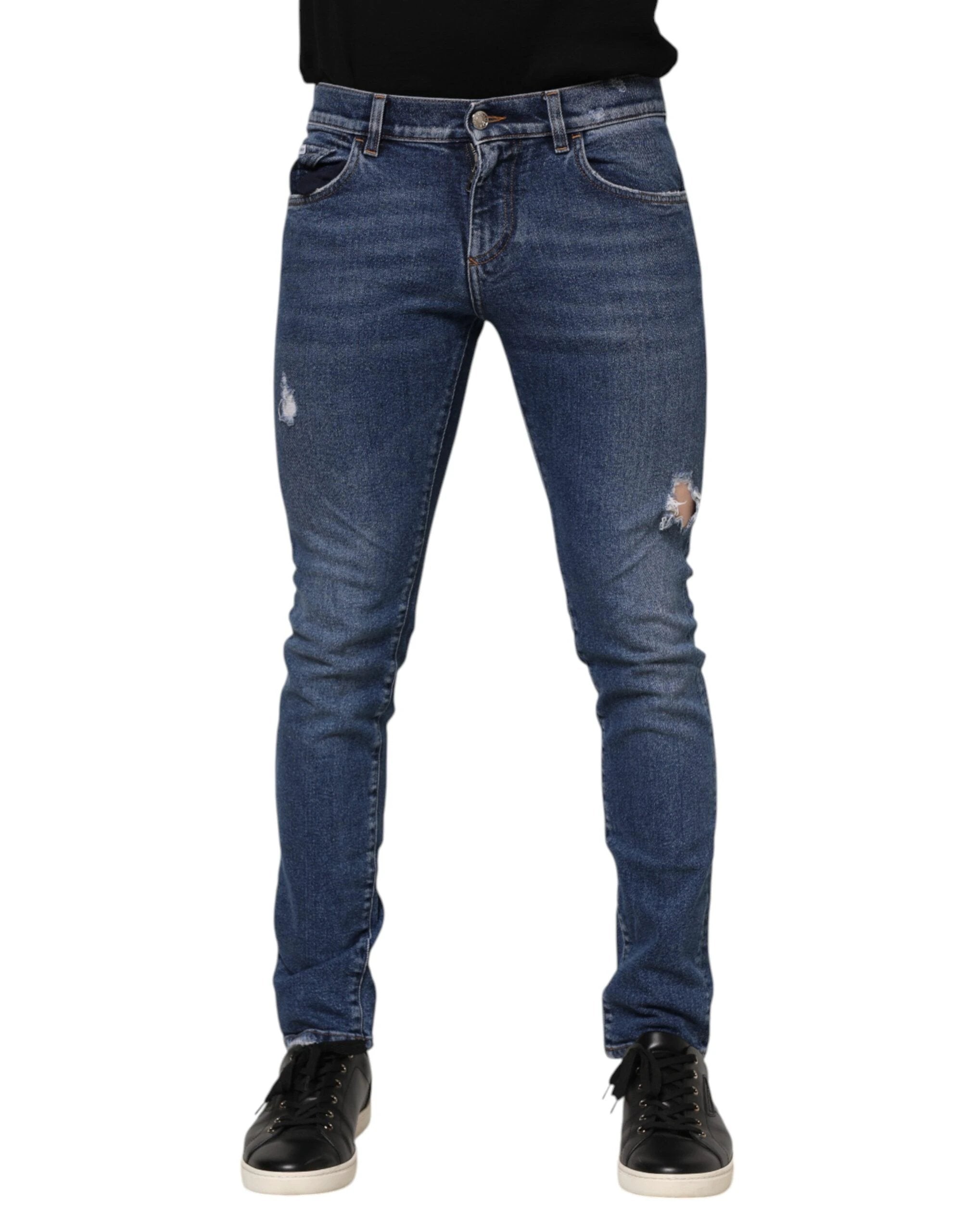 Dolce & Gabbana Blue Cotton Logo Plaque Skinny Men Denim Jeans by Dolce & Gabbana