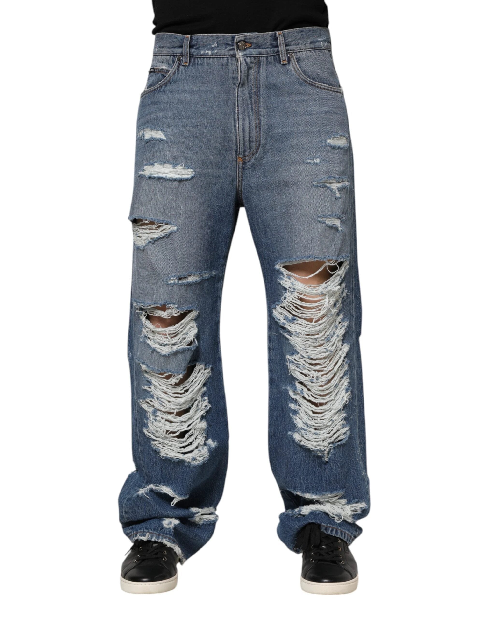 Dolce & Gabbana Blue Tattered Cotton Logo Plaque Denim Jeans by Dolce & Gabbana