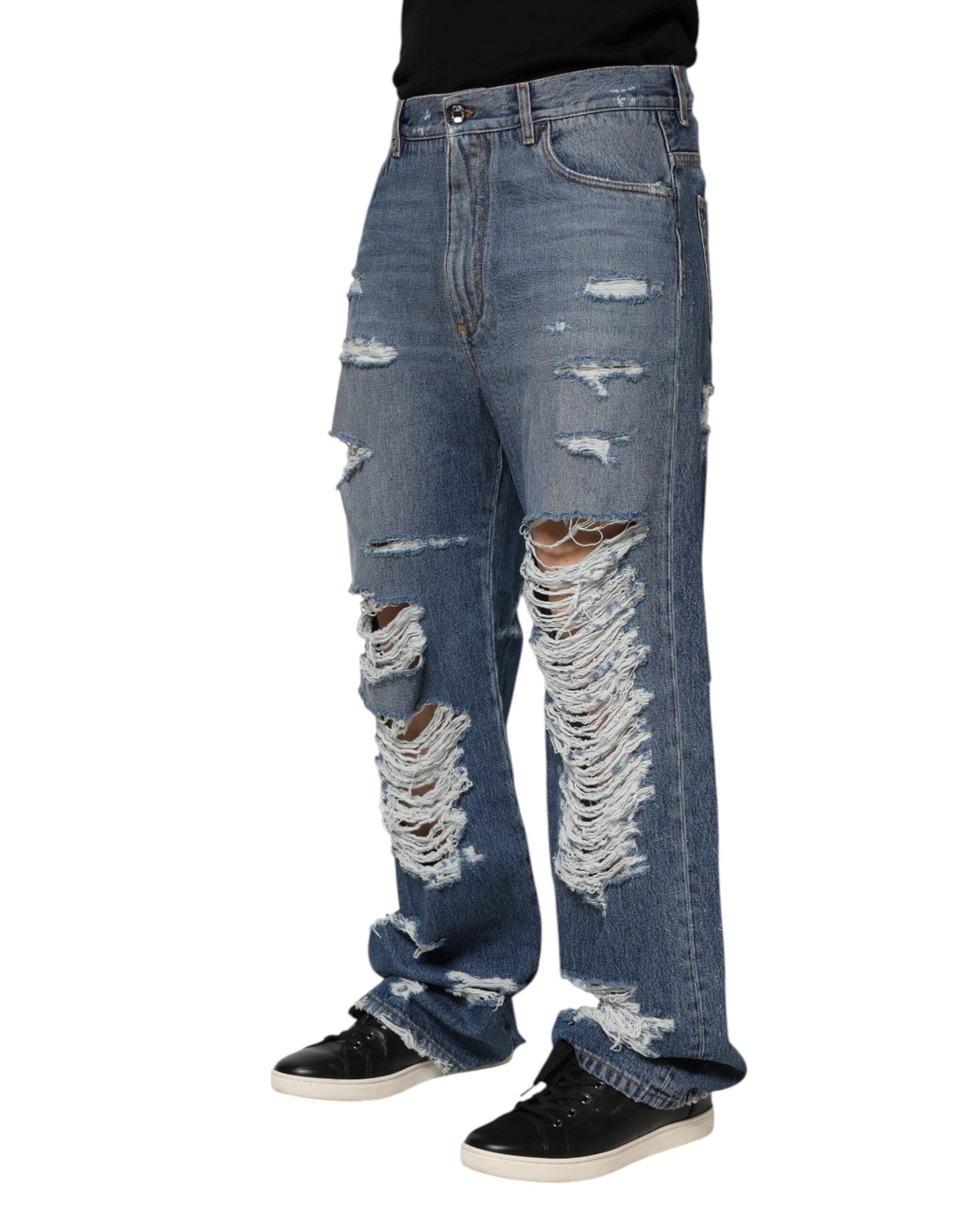 Dolce & Gabbana Blue Tattered Cotton Logo Plaque Denim Jeans by Dolce & Gabbana