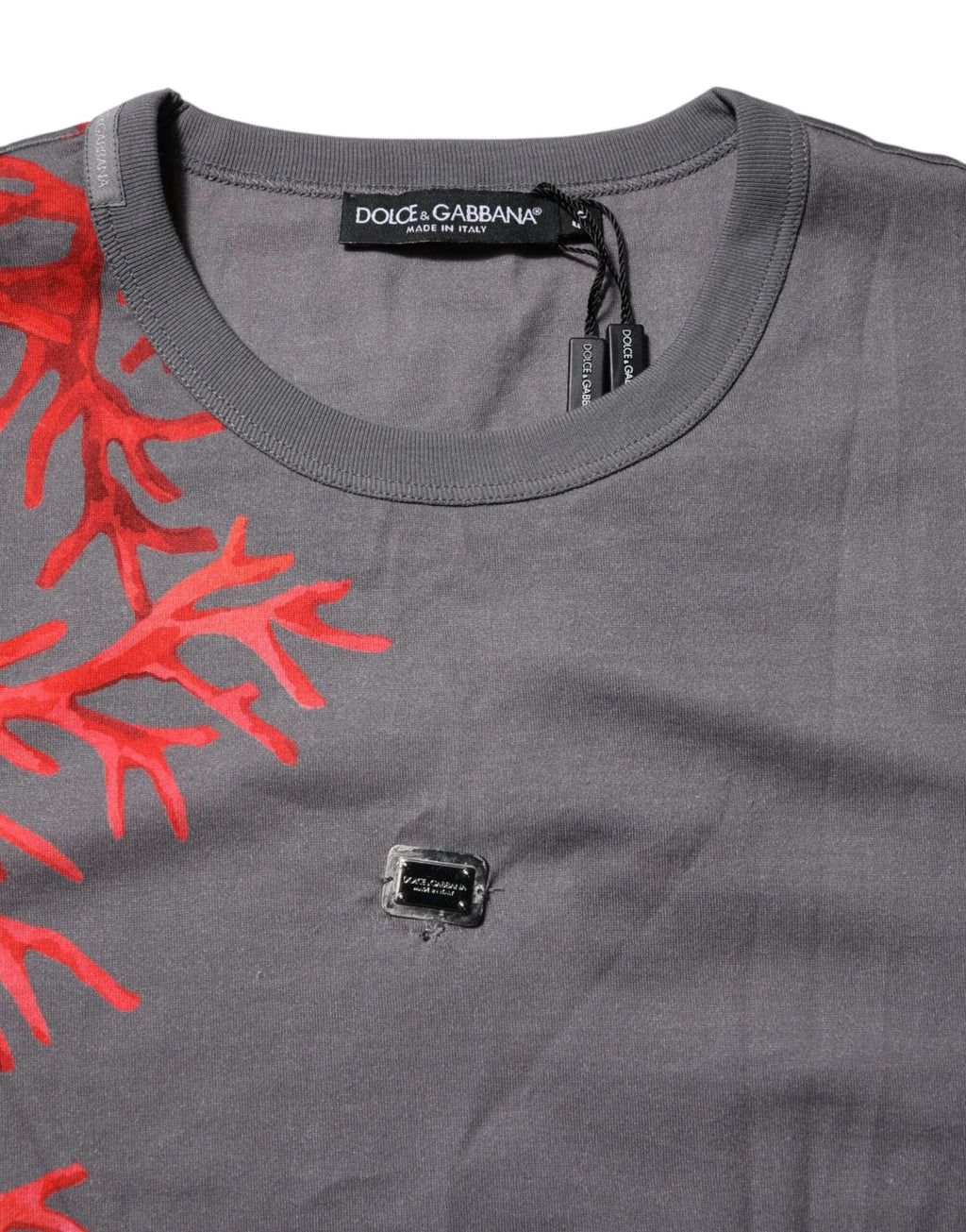 Dolce & Gabbana Gray Cotton Coral Print Logo Plaque T-shirt by Dolce & Gabbana