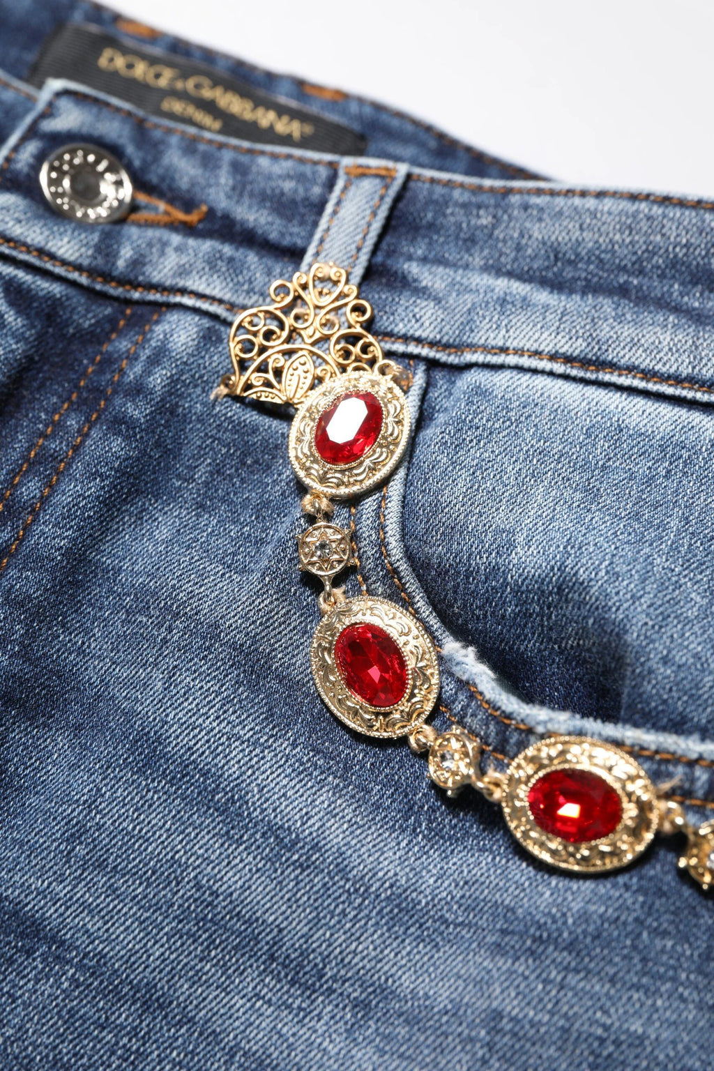 Dolce & Gabbana Blue Rhinestone Embellished Denim Jeans by Dolce & Gabbana